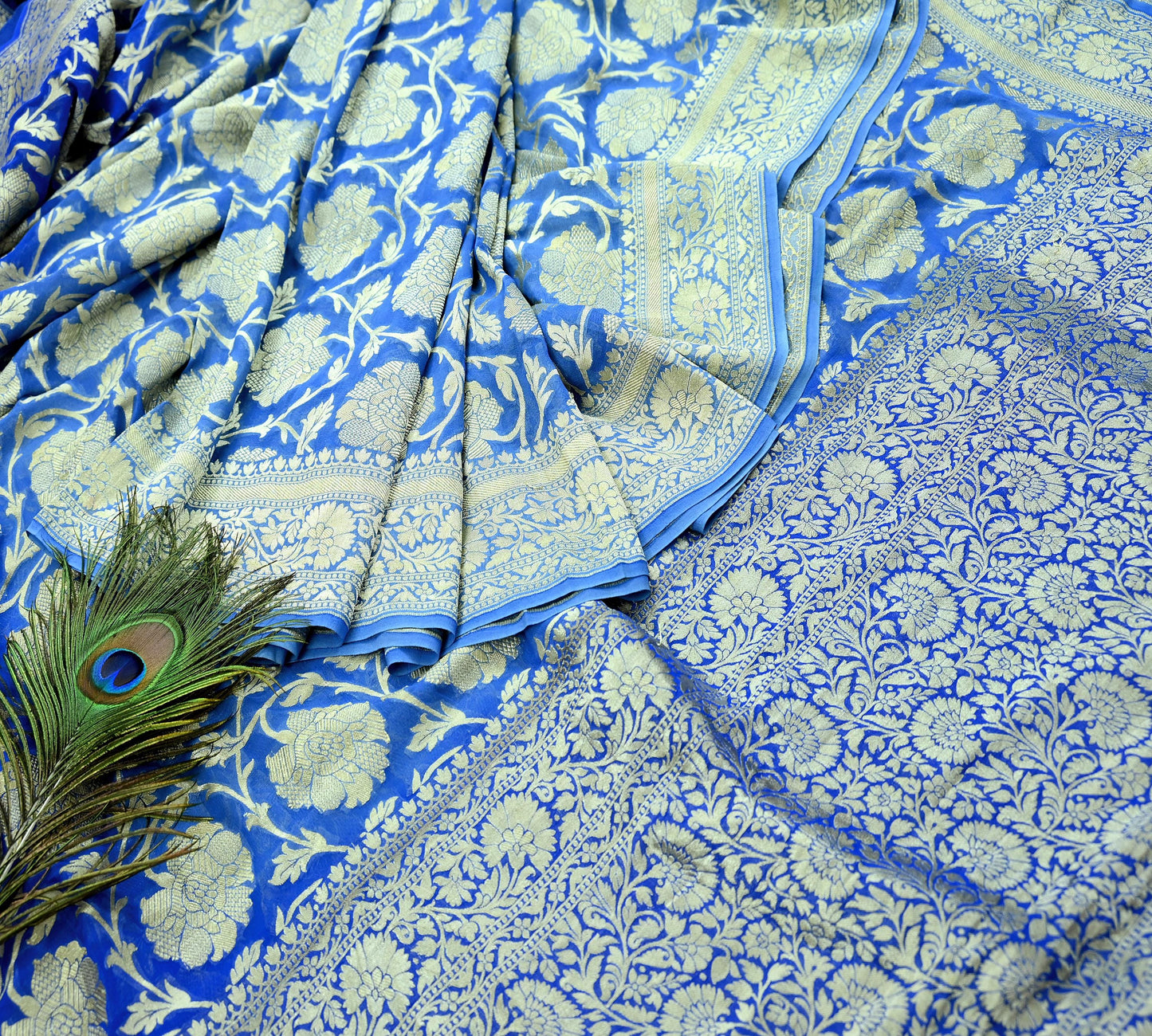 Vintage Heavy Blue Sarees Pure Georgette Silk Hand Woven Sari Craft Fabric 5Yd Sewing Soft Ethnic Zari Dress Making Wedding Sari