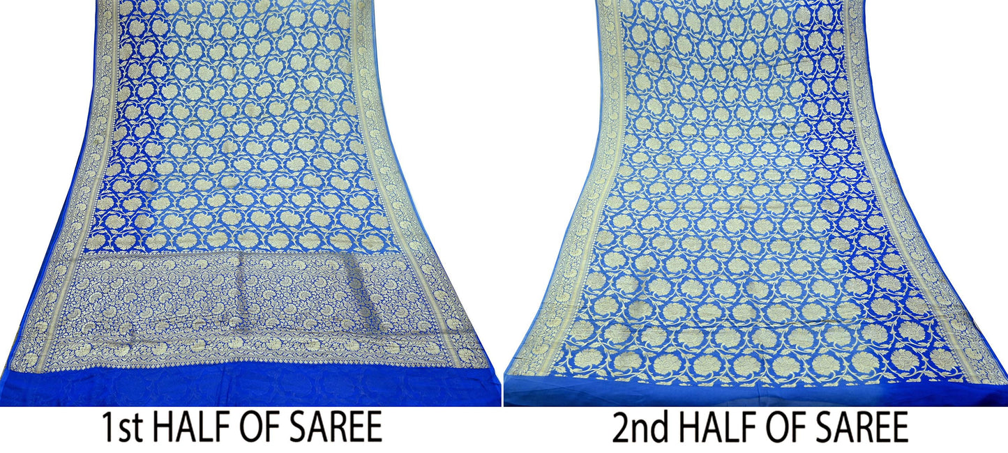 Vintage Heavy Blue Sarees Pure Georgette Silk Hand Woven Sari Craft Fabric 5Yd Sewing Soft Ethnic Zari Dress Making Wedding Sari