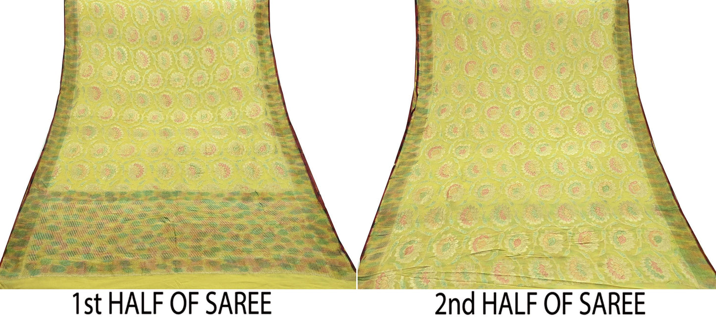 Vintage Heavy Yellow Sarees Pure Georgette Silk Hand Woven Sari Craft Fabric 5Yd Sewing Soft Ethnic Zari Dress Making Wedding Sari