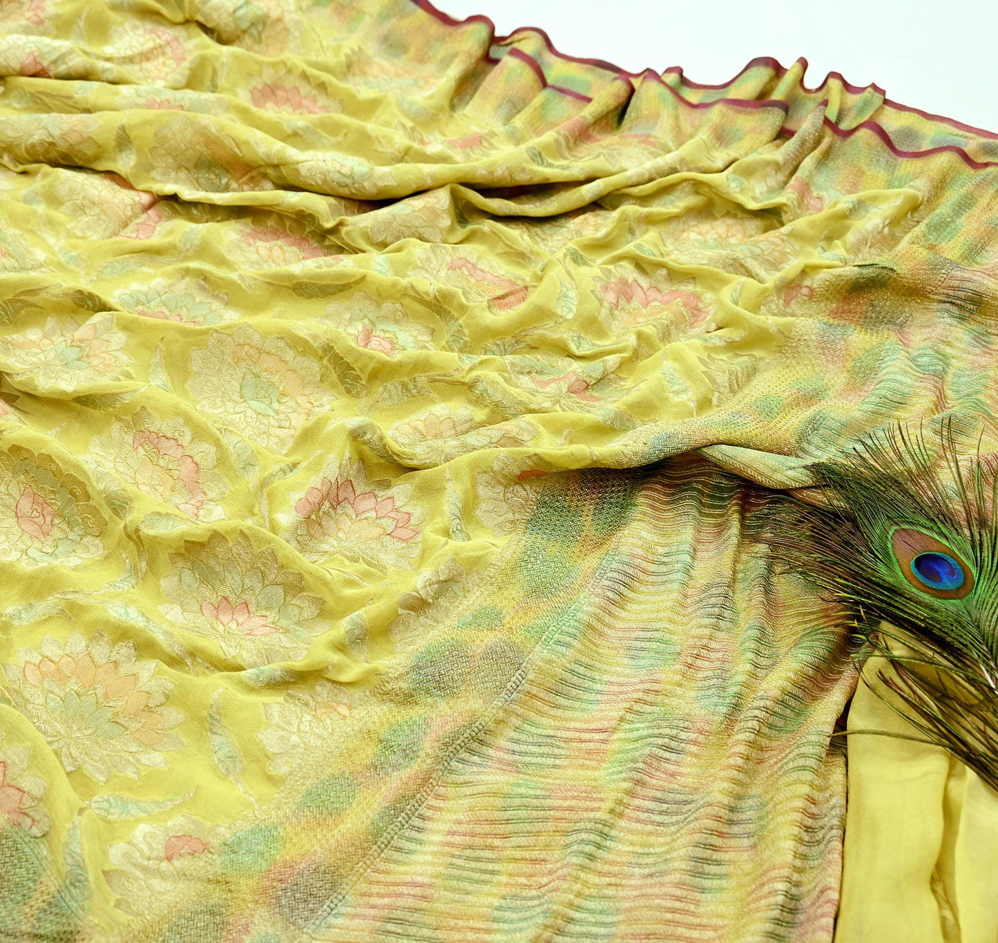 Vintage Heavy Yellow Sarees Pure Georgette Silk Hand Woven Sari Craft Fabric 5Yd Sewing Soft Ethnic Zari Dress Making Wedding Sari