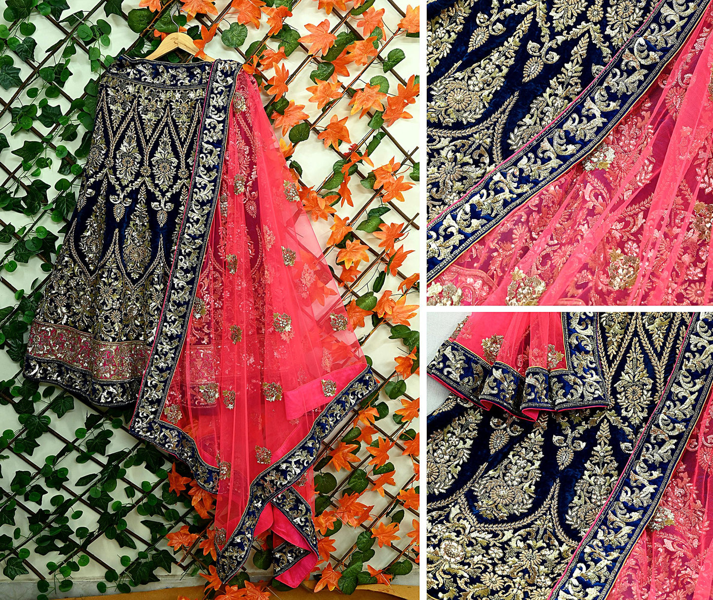 Indian Pre-owned Heavy Wedding Blue & Pink Net/Mesh/ Velvet Hand Embroidered Lehenga/Dupatta Designer By Manish Malhotra Zardozi Bridal Wear