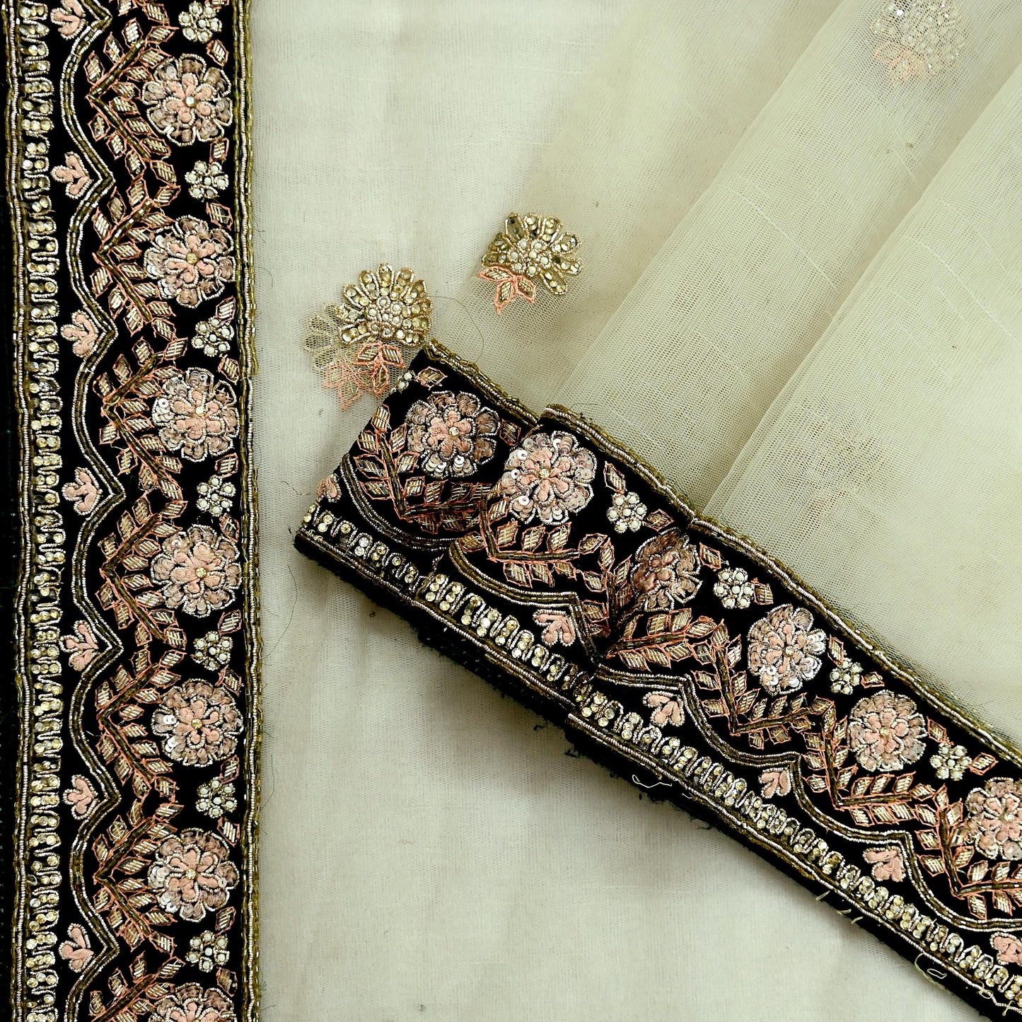 Indian Pre-owned Heavy Wedding Olive Green Net/Mesh Hand Embroidered Dupatta Designer By Manish Malhotra Zardozi Bridal Veil