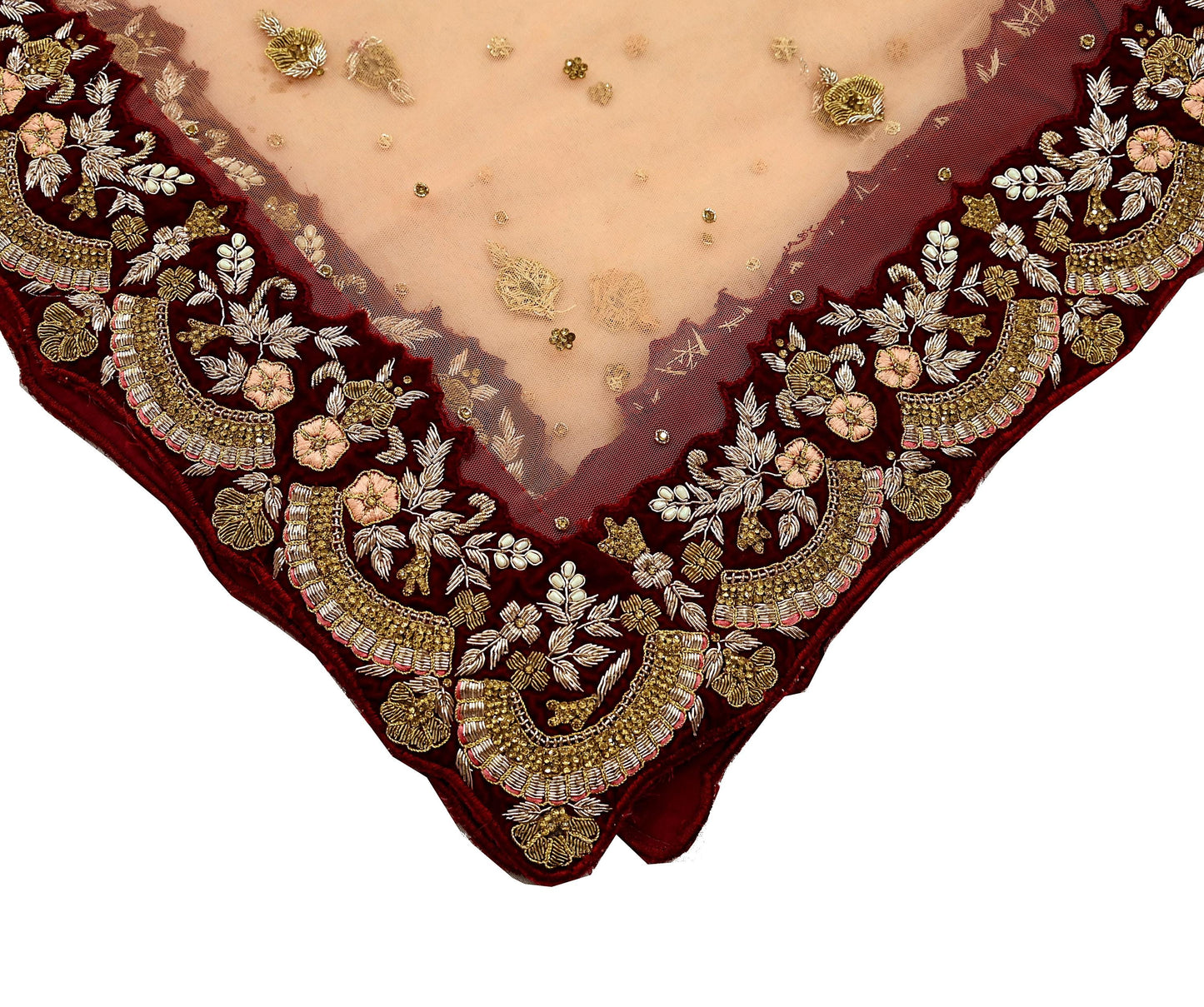 Indian Pre-owned Heavy Wedding Peach Net/Mesh/ Velvet Hand Embroidered Lehenga/Dupatta Designer By Anamika Khanna Bridal Wear