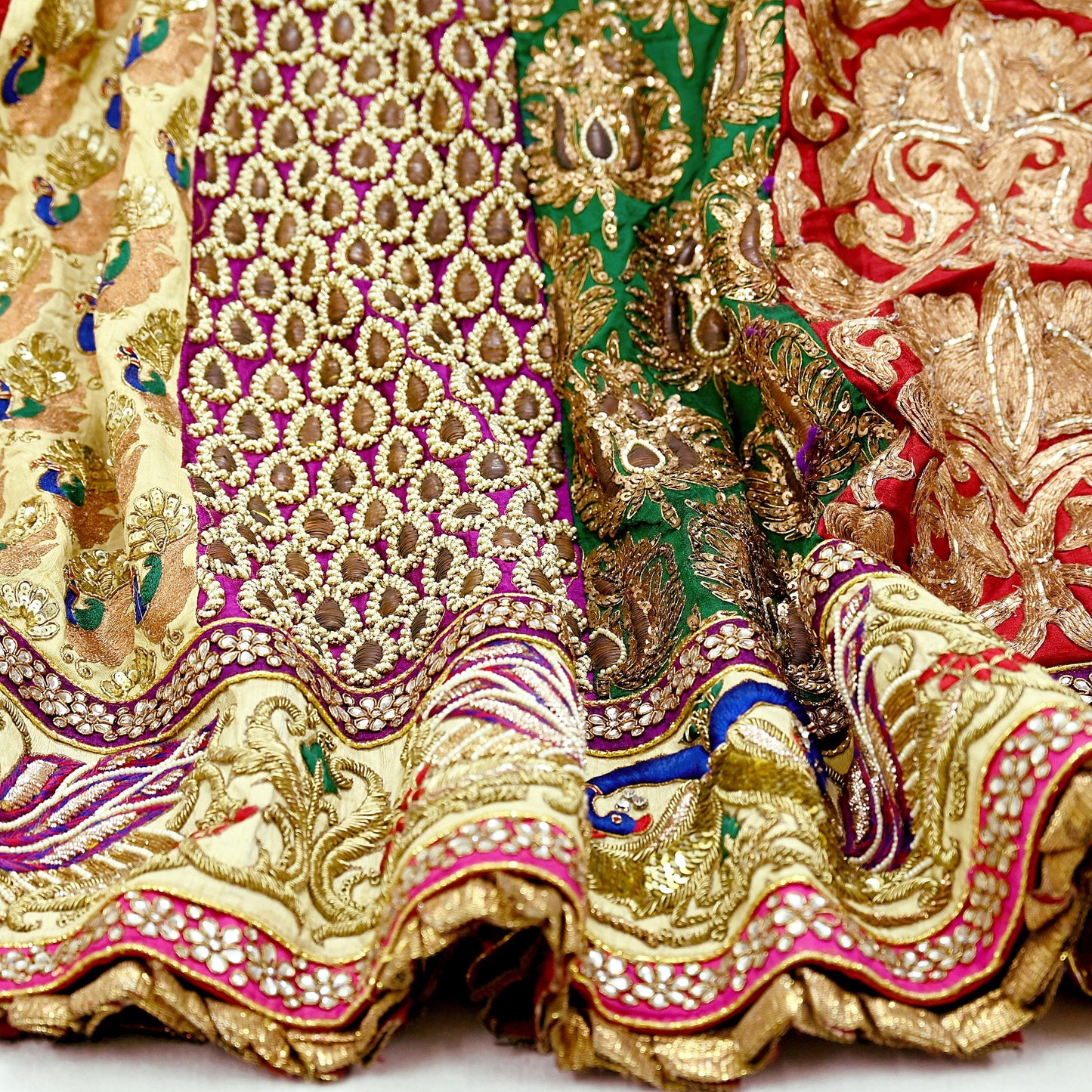 Indian Pre-owned Heavy Wedding Golden & Multi Hand Embroidered Lehenga/Dupatta Designer By Sabyasachi Zardozi Bridal Wear Peacock Design