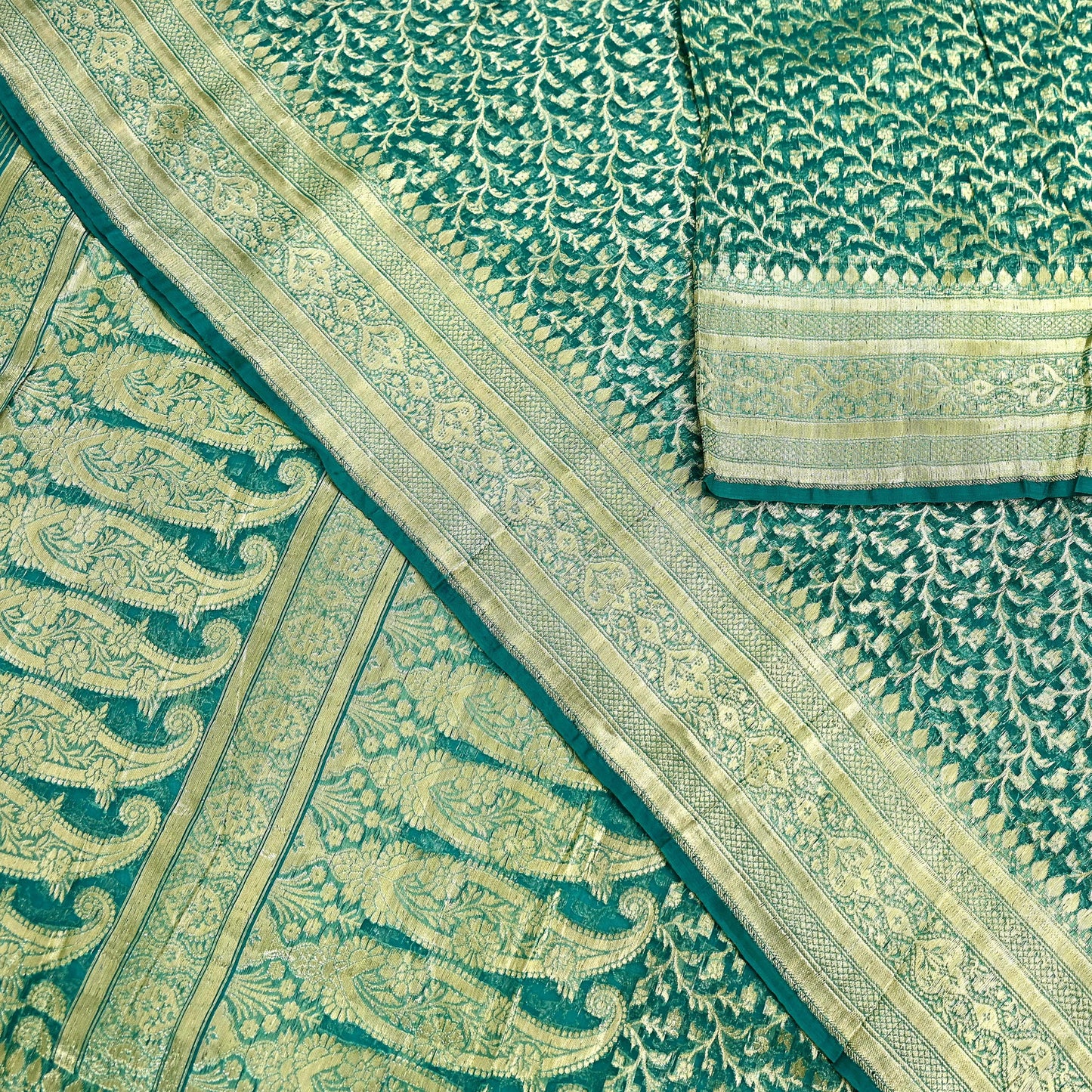 Indian Vintage Sari Heavy Green Pure Organza Silk Woven Brocade Banarasi Sarees Zari 5Yd Ethnic Fabric Dress Making Wedding Sarees