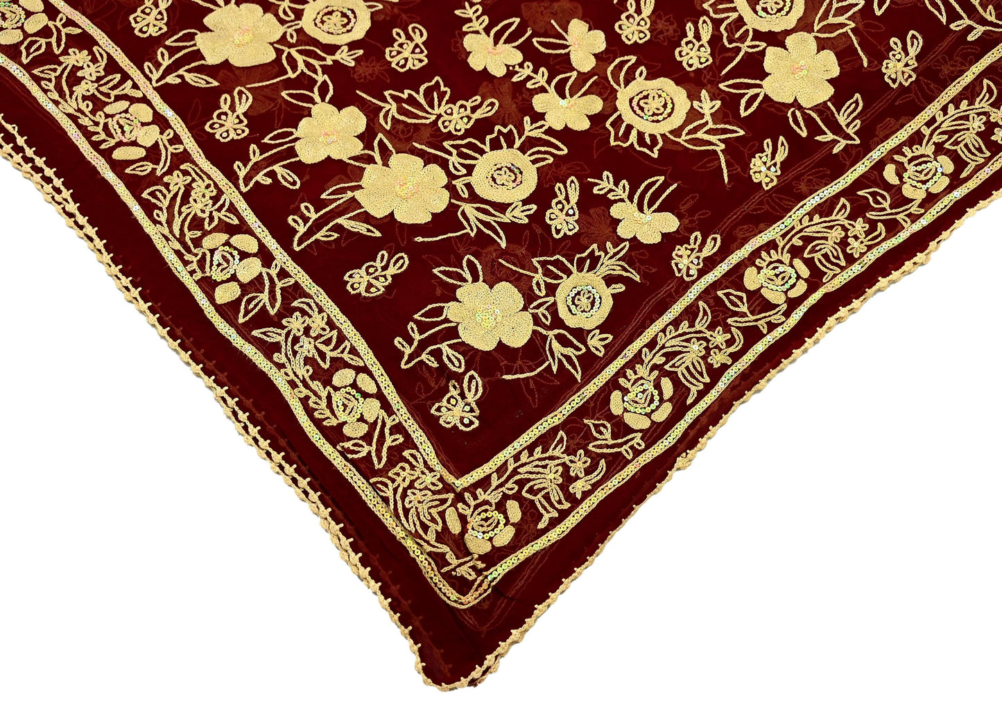 Indian Vintage Dupatta Maroon Long Stole Pure Georgette Silk Hand Embroidered Scarves Veil Hijab Floral Sequins