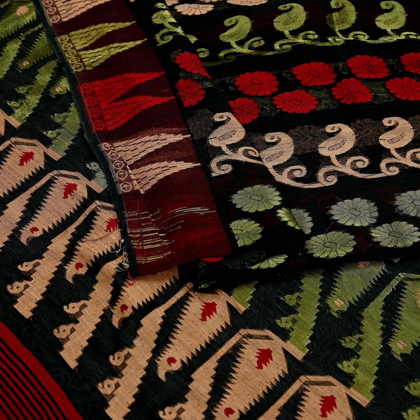 Indian Vintage Sarees Black Pure Cotton Hand Woven Jamdani Sari 5yd Ethnic Floral Craft Fabric Dress making Upcycle Crafting Quilting