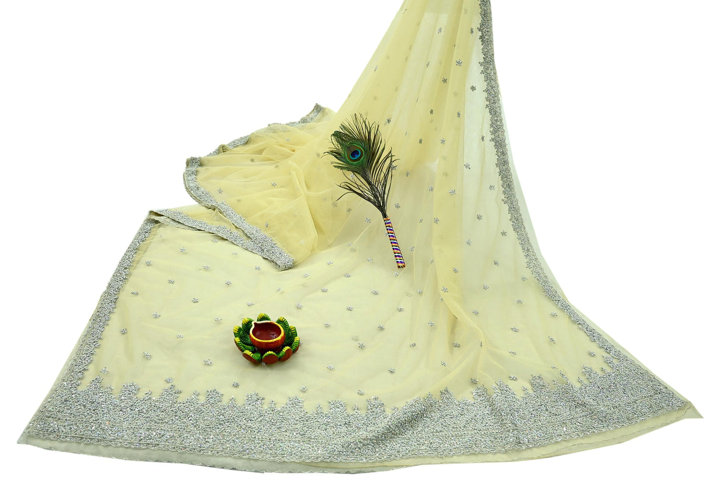 Indian Vintage Sari Yellow Net/Mesh Hand Embroidered Sarees Craft Fabric 6Yd Sewing Soft Zardozi/Dabka Zari Sequins Wedding sarees
