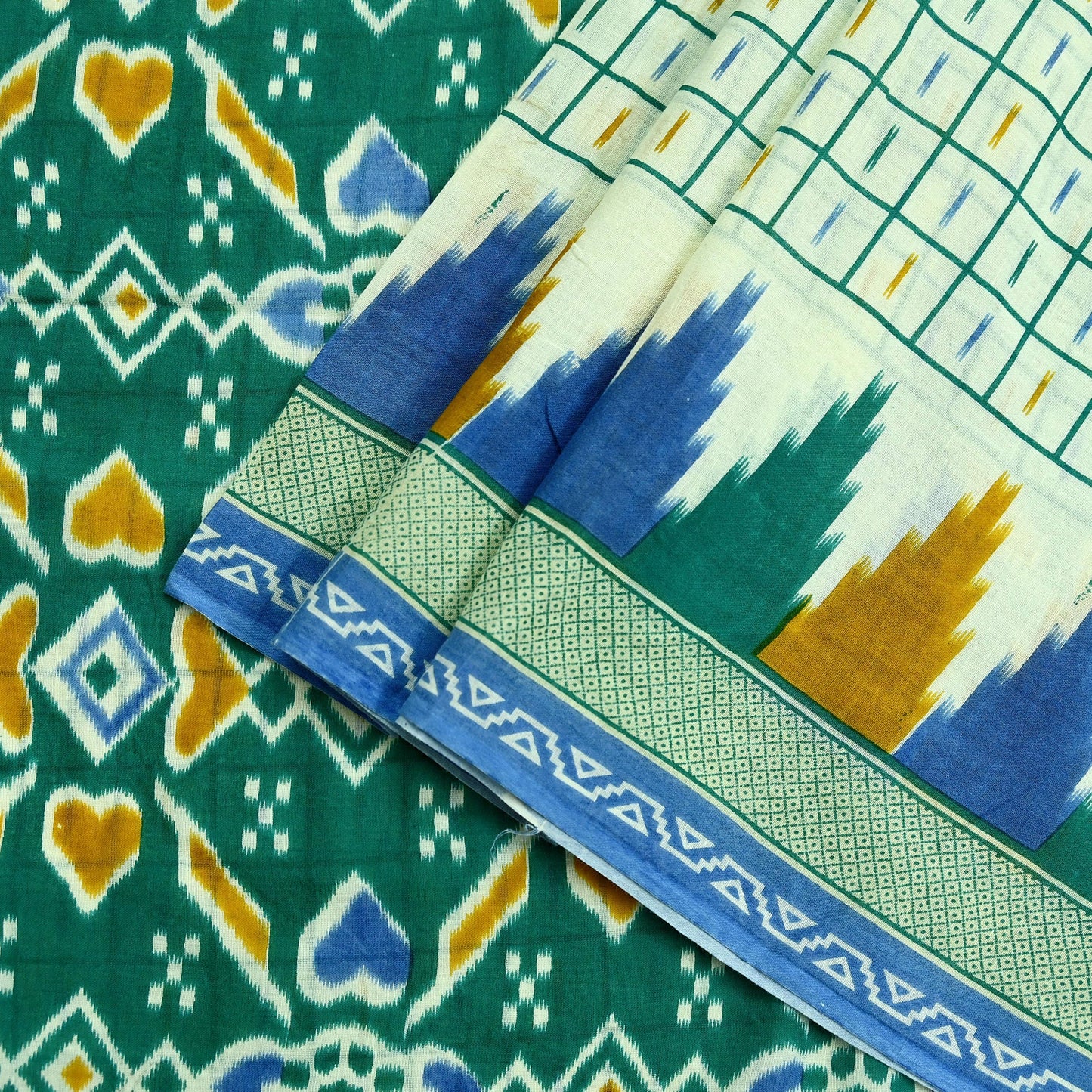 Indian Vintage Sari Green & Ivory Printed Pure Cotton Sarees 5Yd Craft Fabric Soft Sewing Sarong Wrap Boho Upcycle quilting Dress making