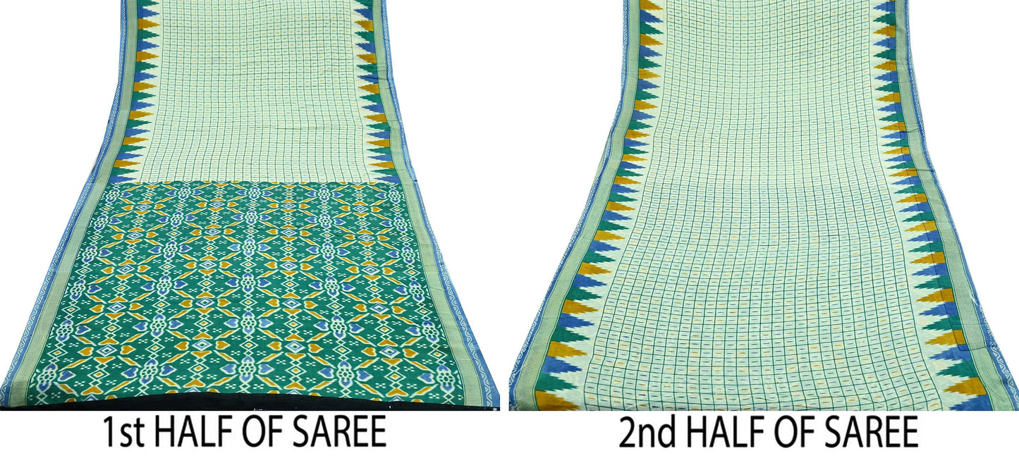 Indian Vintage Sari Green & Ivory Printed Pure Cotton Sarees 5Yd Craft Fabric Soft Sewing Sarong Wrap Boho Upcycle quilting Dress making