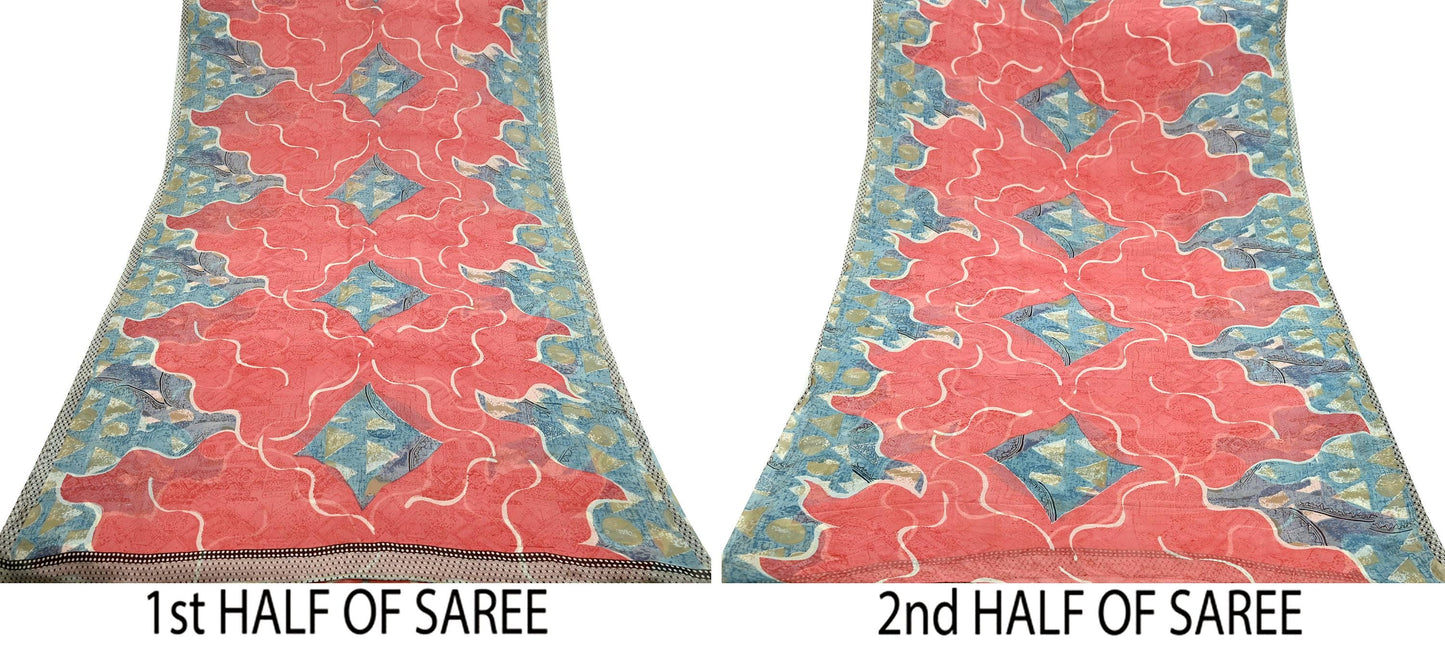 Indian Vintage Sari Pink Pure Georgette Silk Printed Saree Craft Fabric Sewing 5Yd Soft Light Dress Making Crafting Quilting Upcycle