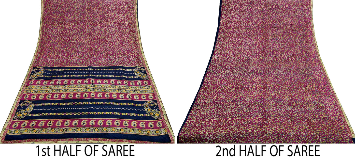 Indian Vintage Sari Purple & Blue Pure Silk Printed Sarees 6yd Sewing Craft Fabric Dress Making Wrap Boho Upcycle Quilting Crafting Zari