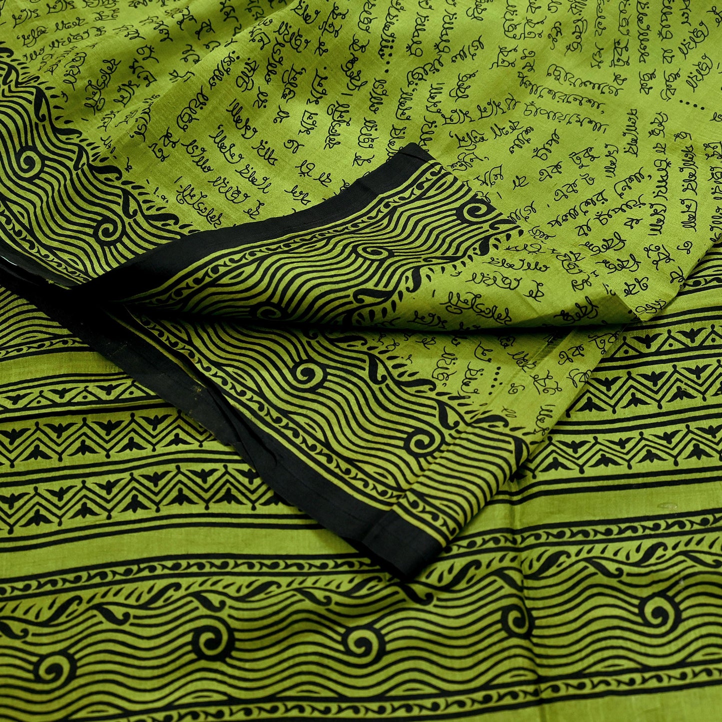 Indian Vintage Sari Black & Green 100% Pure Silk Printed Sarees Craft Fabric 5yd Sewing Dress Making Crafting Quilting