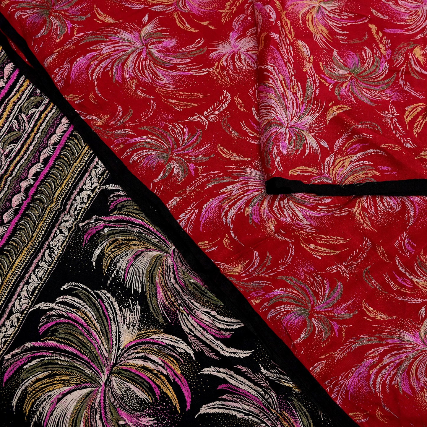 Indian Vintage Sari Black & Red Pure Silk Printed Sarees 5yd Sewing Craft Fabric Dress Making Soft Quilting Crafting Upcycle Used Floral