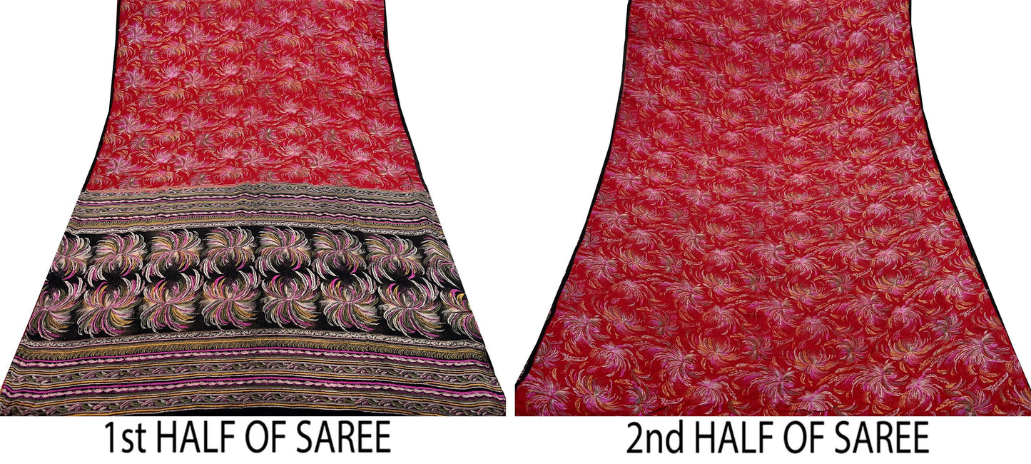 Indian Vintage Sari Black & Red Pure Silk Printed Sarees 5yd Sewing Craft Fabric Dress Making Soft Quilting Crafting Upcycle Used Floral