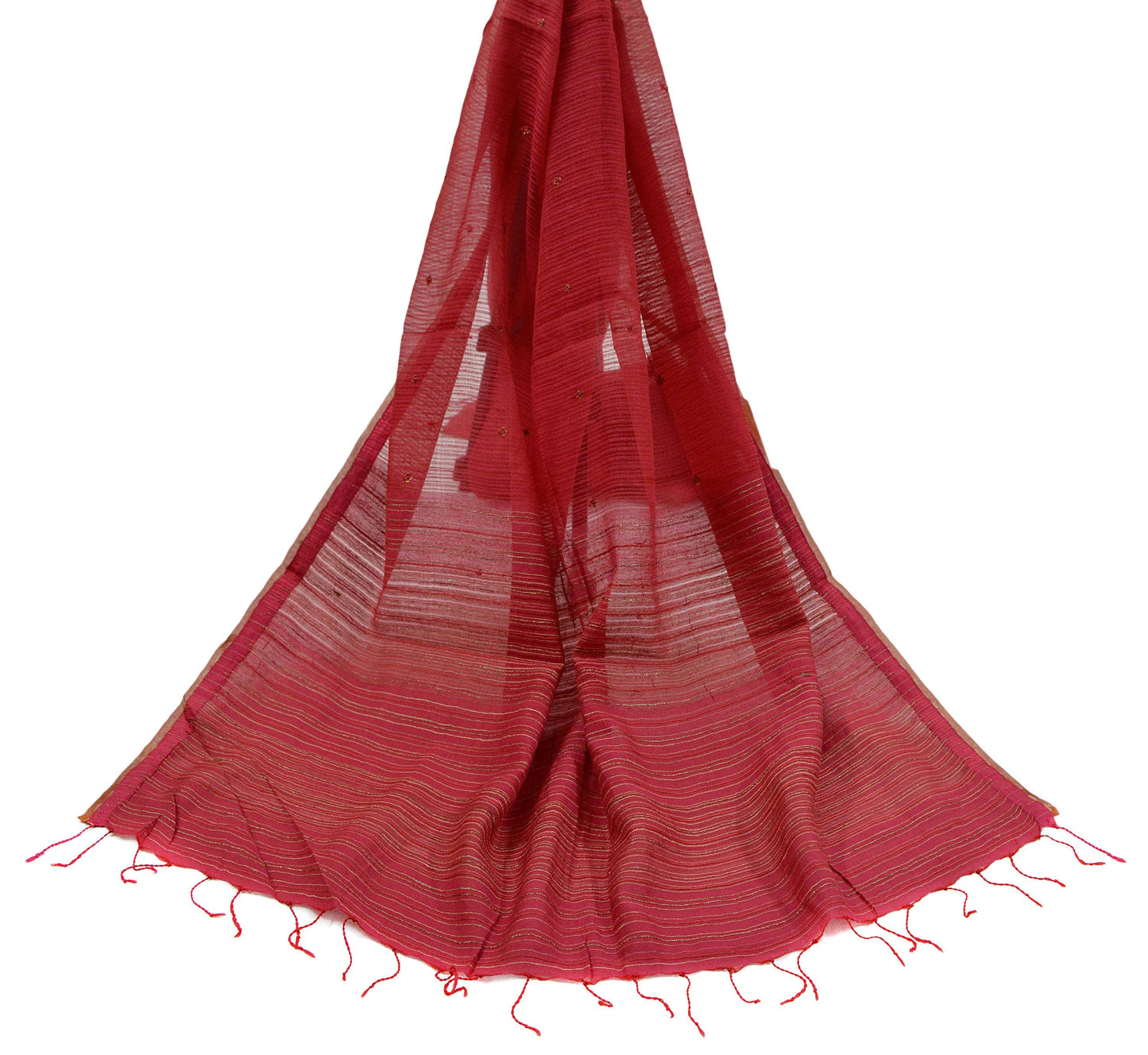 Indian Vintage Red Dupatta Long Stole Hand Embroidered Pure Chanderi Silk Scarves Veil Golden Zari Soft Fringes