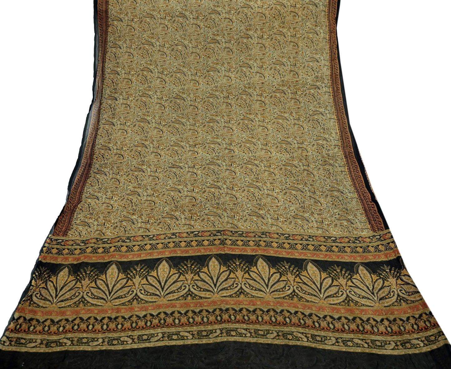 Indian Women Vintage Beige & Black Saree Pure Chiffon Silk Printed Sari Craft Fabric Sewing 5Yard Soft Light Sari Dress Making