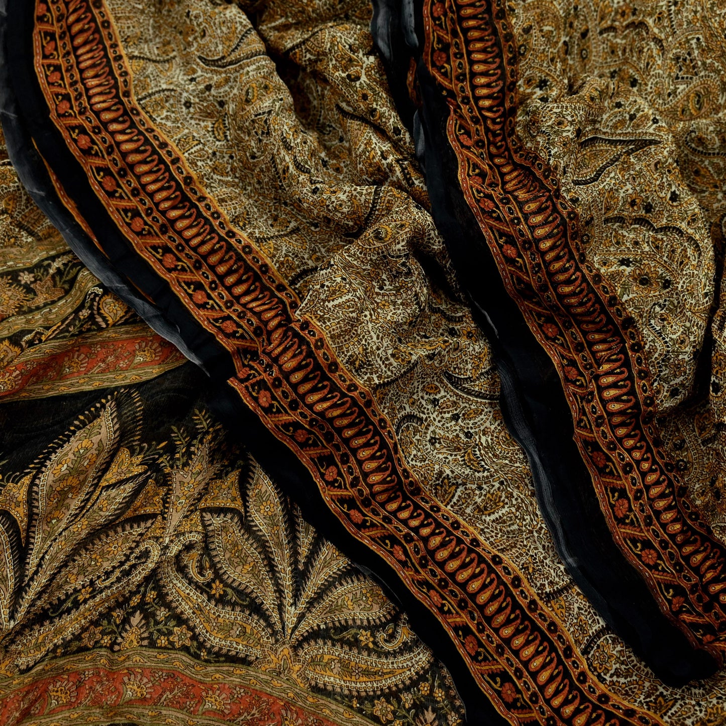 Indian Women Vintage Beige & Black Saree Pure Chiffon Silk Printed Sari Craft Fabric Sewing 5Yard Soft Light Sari Dress Making