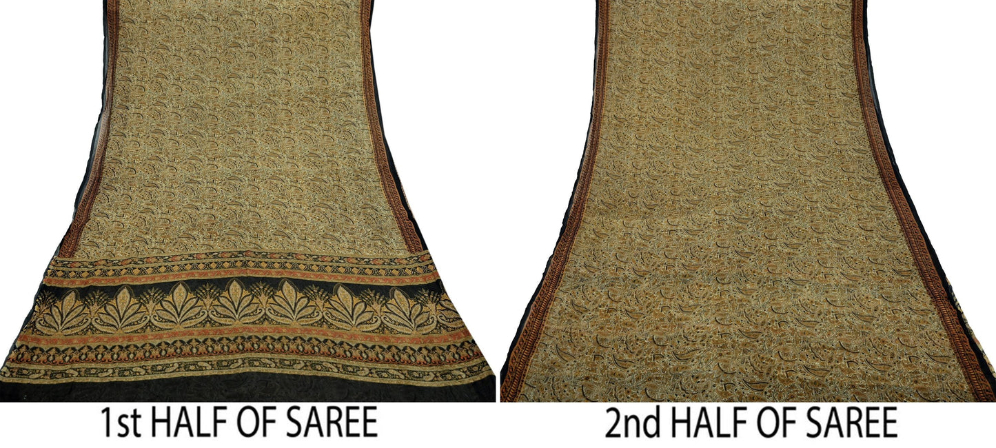 Indian Women Vintage Beige & Black Saree Pure Chiffon Silk Printed Sari Craft Fabric Sewing 5Yard Soft Light Sari Dress Making