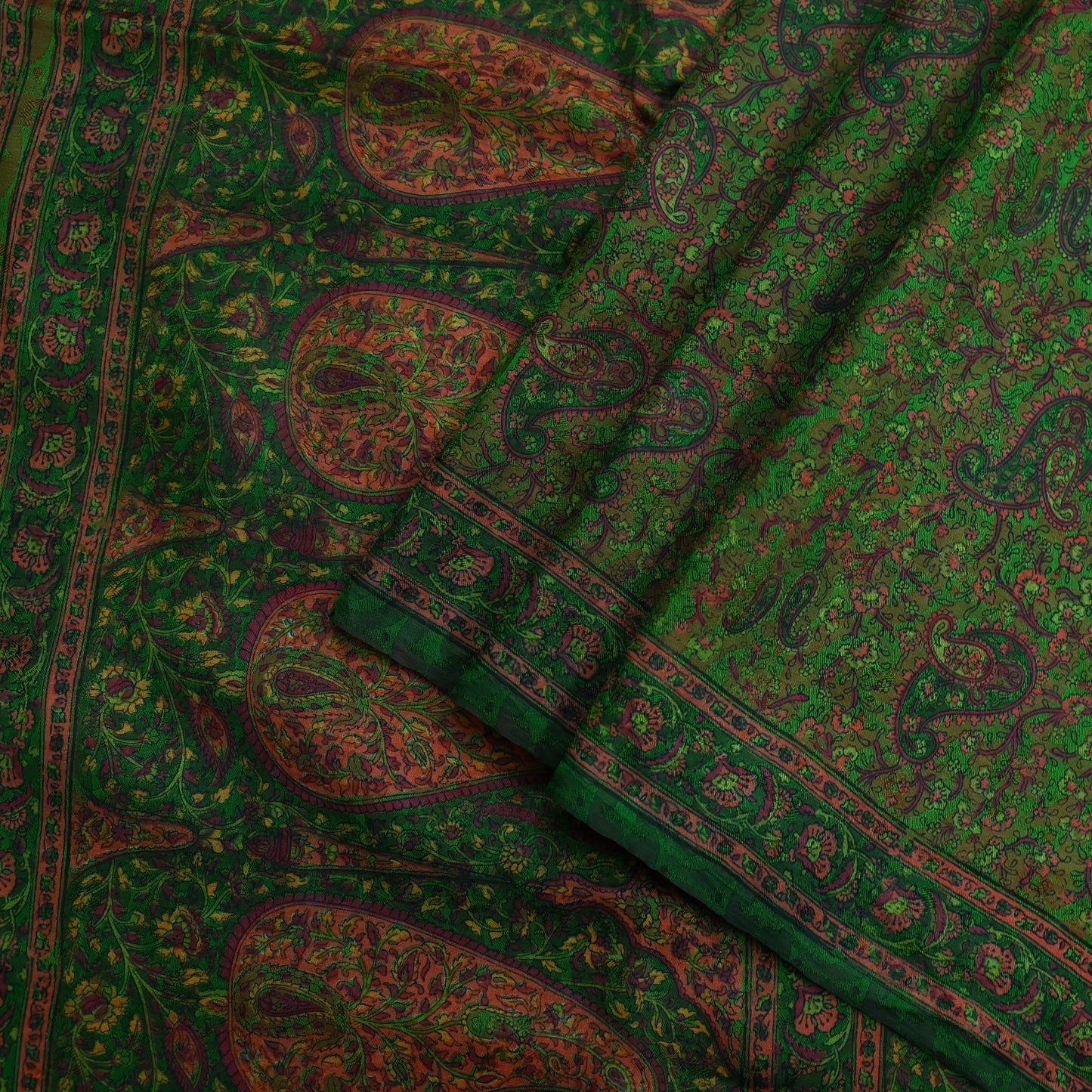 Indian Vintage Sari Green Pure Silk Printed Sarees 5yd Sewing Craft Fabric Dress Making Soft Paisley Wrap Upcycle Used Quilting Crafting