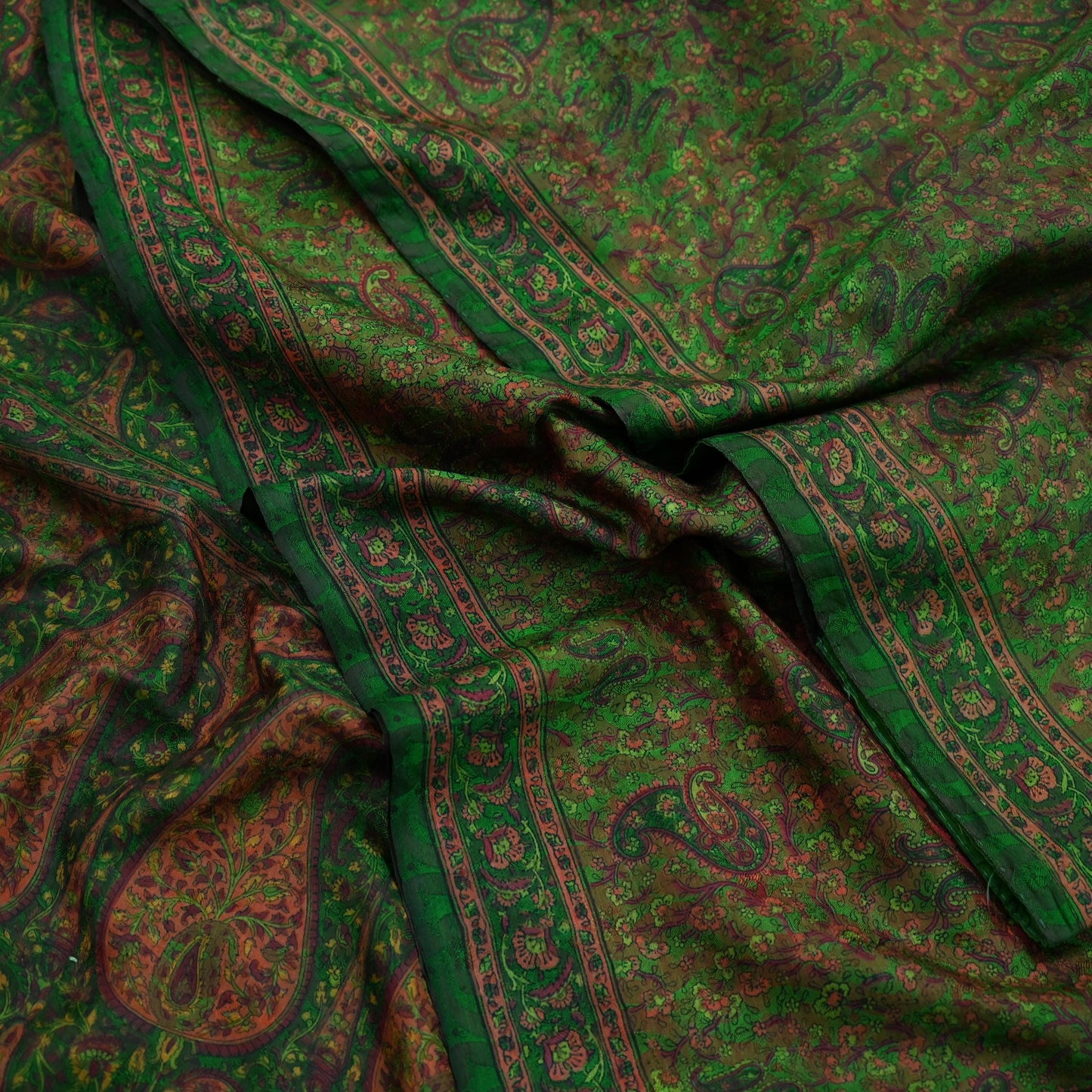 Indian Vintage Sari Green Pure Silk Printed Sarees 5yd Sewing Craft Fabric Dress Making Soft Paisley Wrap Upcycle Used Quilting Crafting