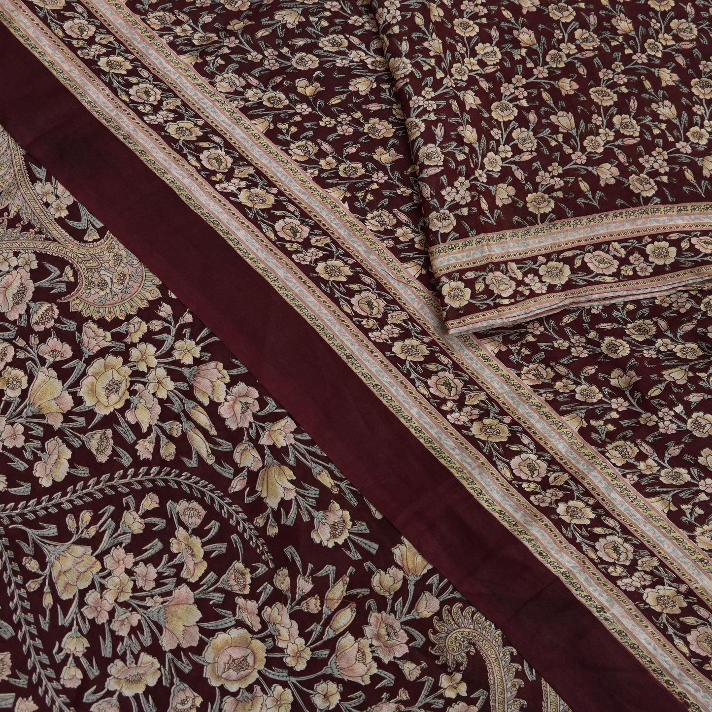 Indian Vintage Sari Maroon 100% Pure Silk Printed Sarees 6yd Craft Fabric Sewing Soft Dress Making Floral Quilting Crafting Upcycle Used