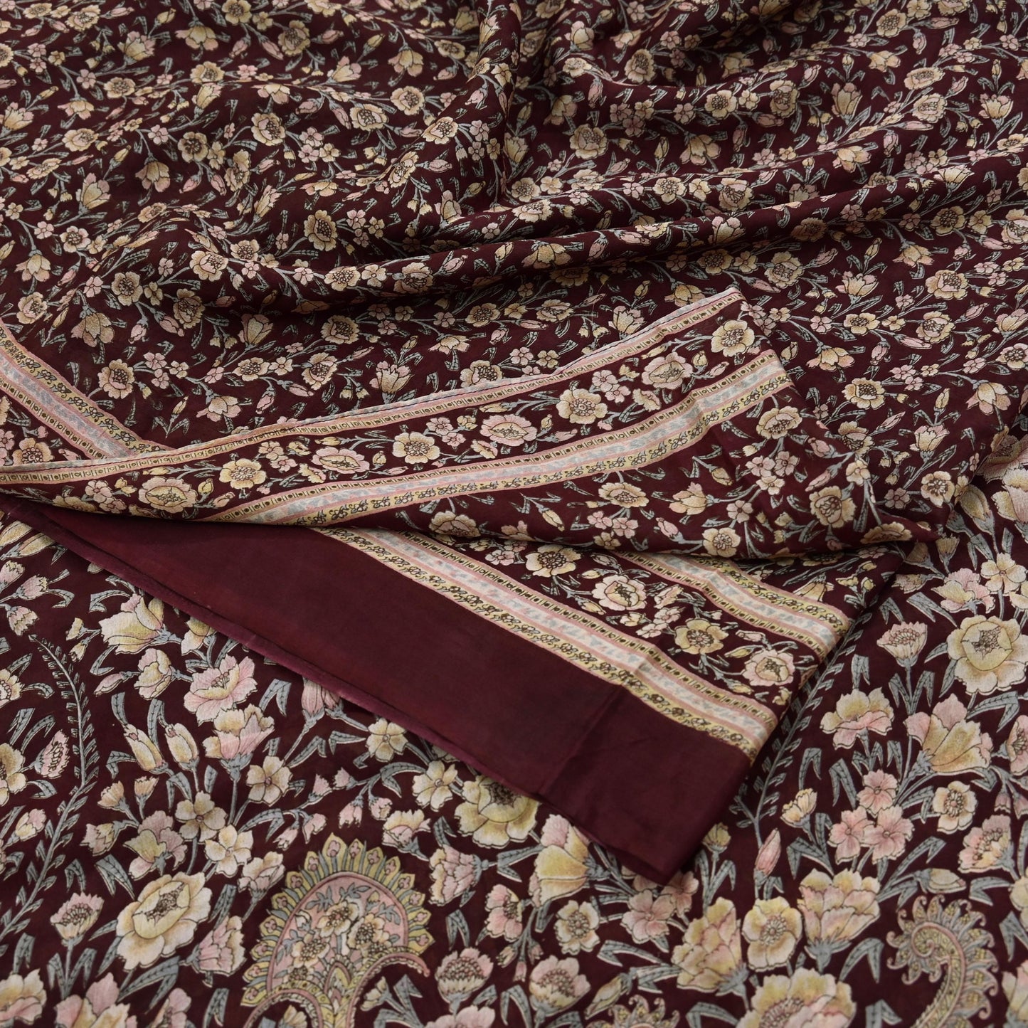 Indian Vintage Sari Maroon 100% Pure Silk Printed Sarees 6yd Craft Fabric Sewing Soft Dress Making Floral Quilting Crafting Upcycle Used