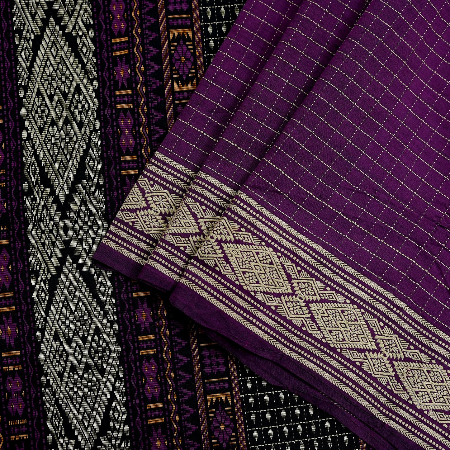 Indian Vintage Dupatta Black & Purple Long Stole Hand woven Sambalpuri Ikat Hijab Pure Cotton Indian Scarves Veil
