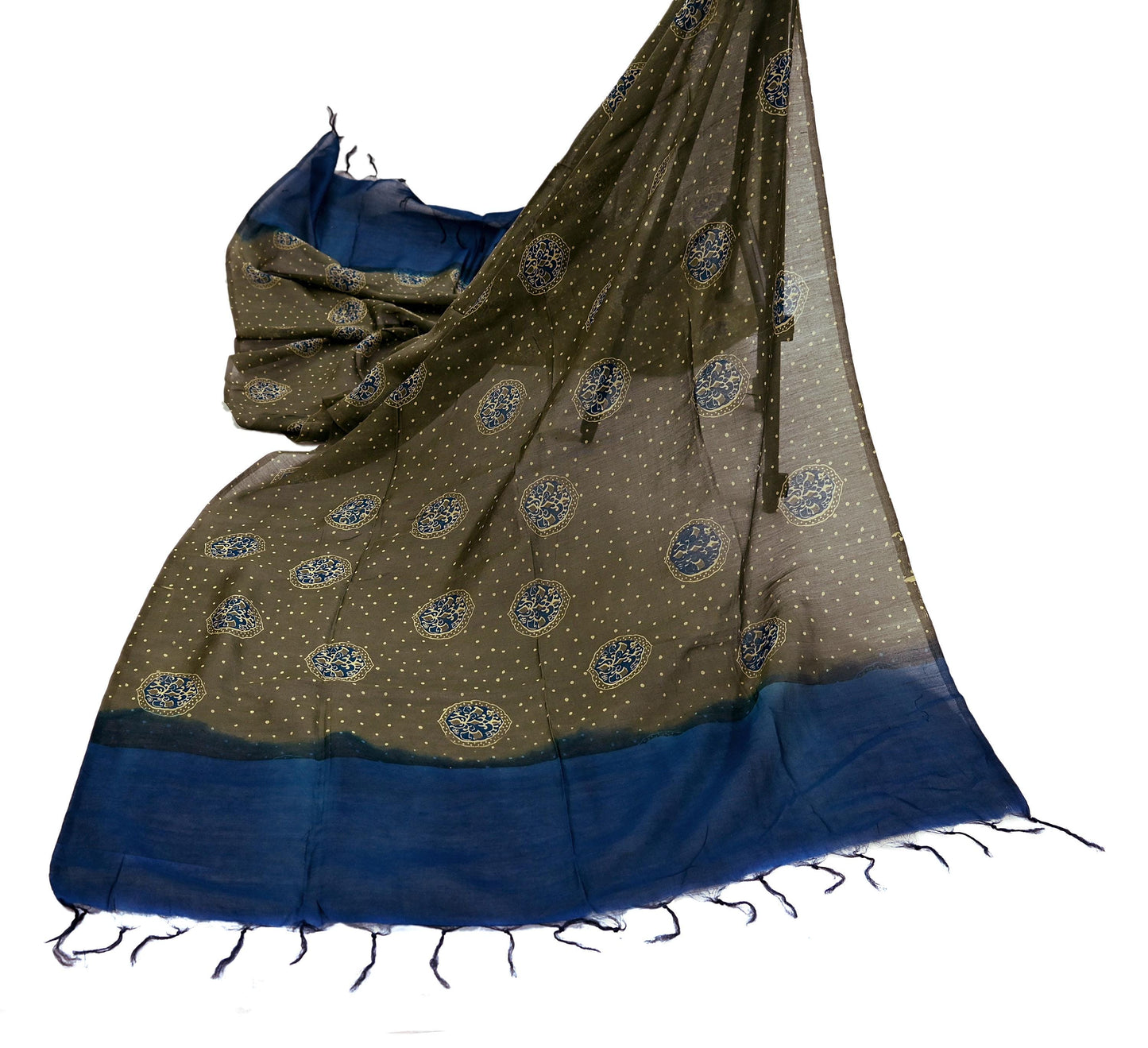 Indian Vintage Dupatta Green & Blue Dupatta Long Stole Block Print Pure Chanderi Silk Indian Scarves Veil Golden Zari
