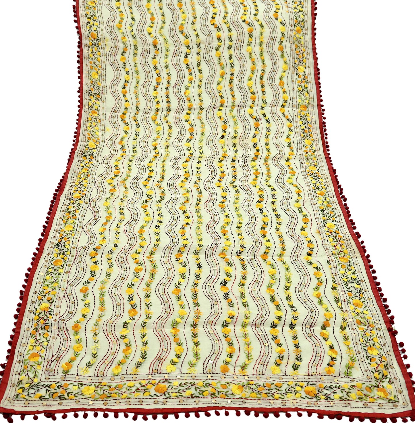 Indian Vintage Ivory Chanderi Silk Heavy Dupatta Long Stole Handmade Phulkari Stole Scarves Gota Patti