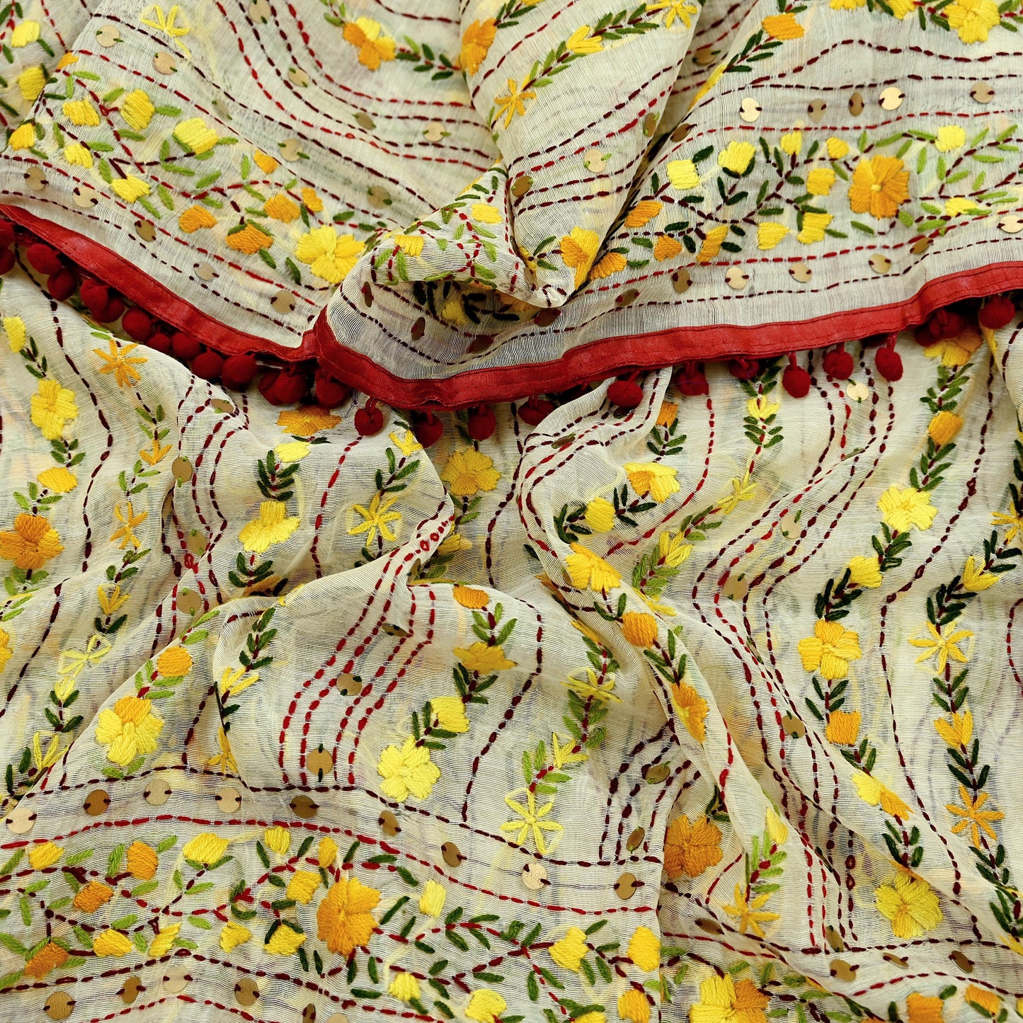 Indian Vintage Ivory Chanderi Silk Heavy Dupatta Long Stole Handmade Phulkari Stole Scarves Gota Patti