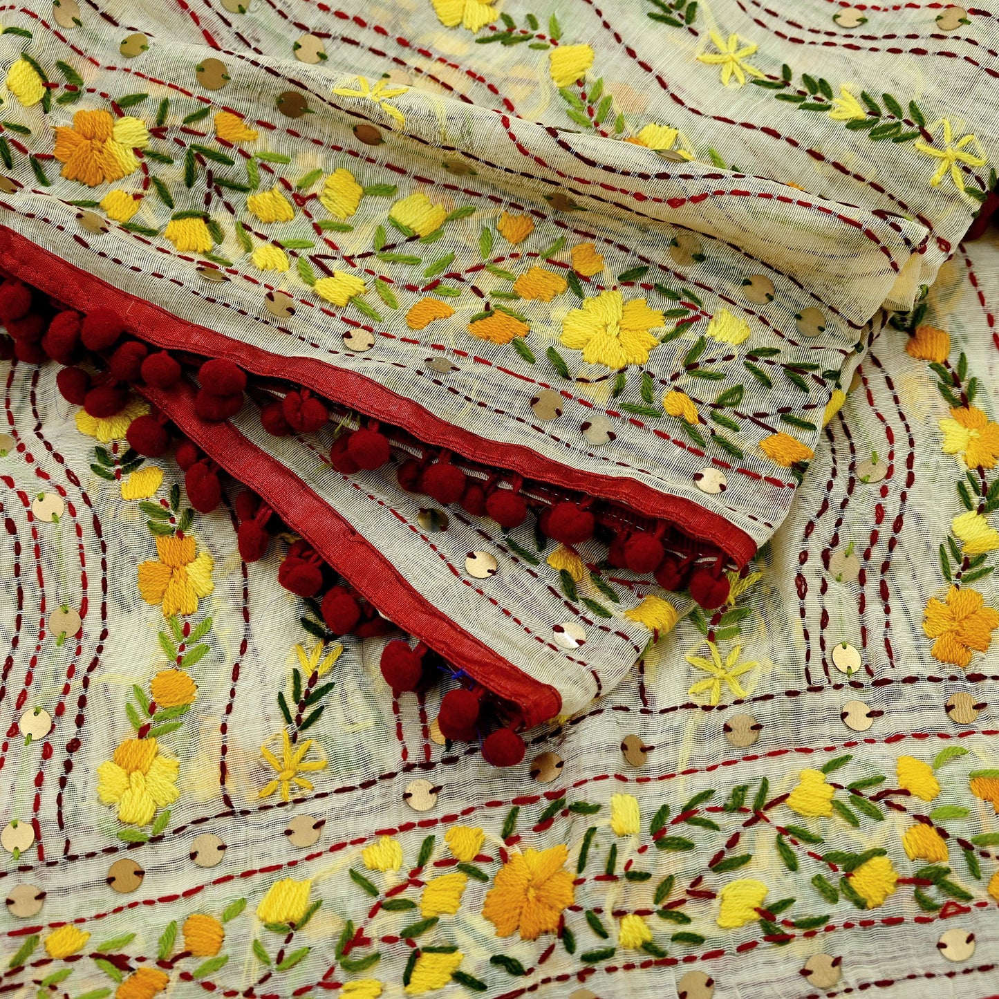 Indian Vintage Ivory Chanderi Silk Heavy Dupatta Long Stole Handmade Phulkari Stole Scarves Gota Patti