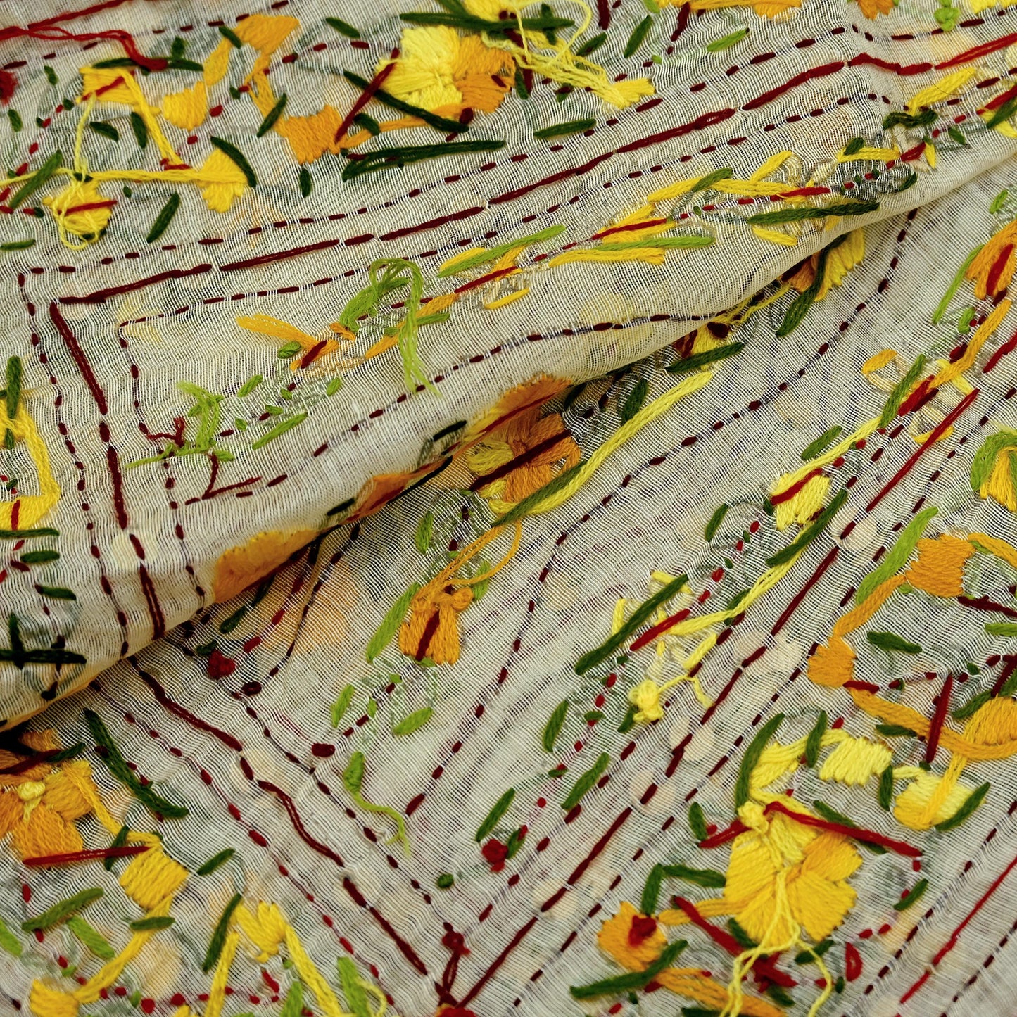 Indian Vintage Ivory Chanderi Silk Heavy Dupatta Long Stole Handmade Phulkari Stole Scarves Gota Patti
