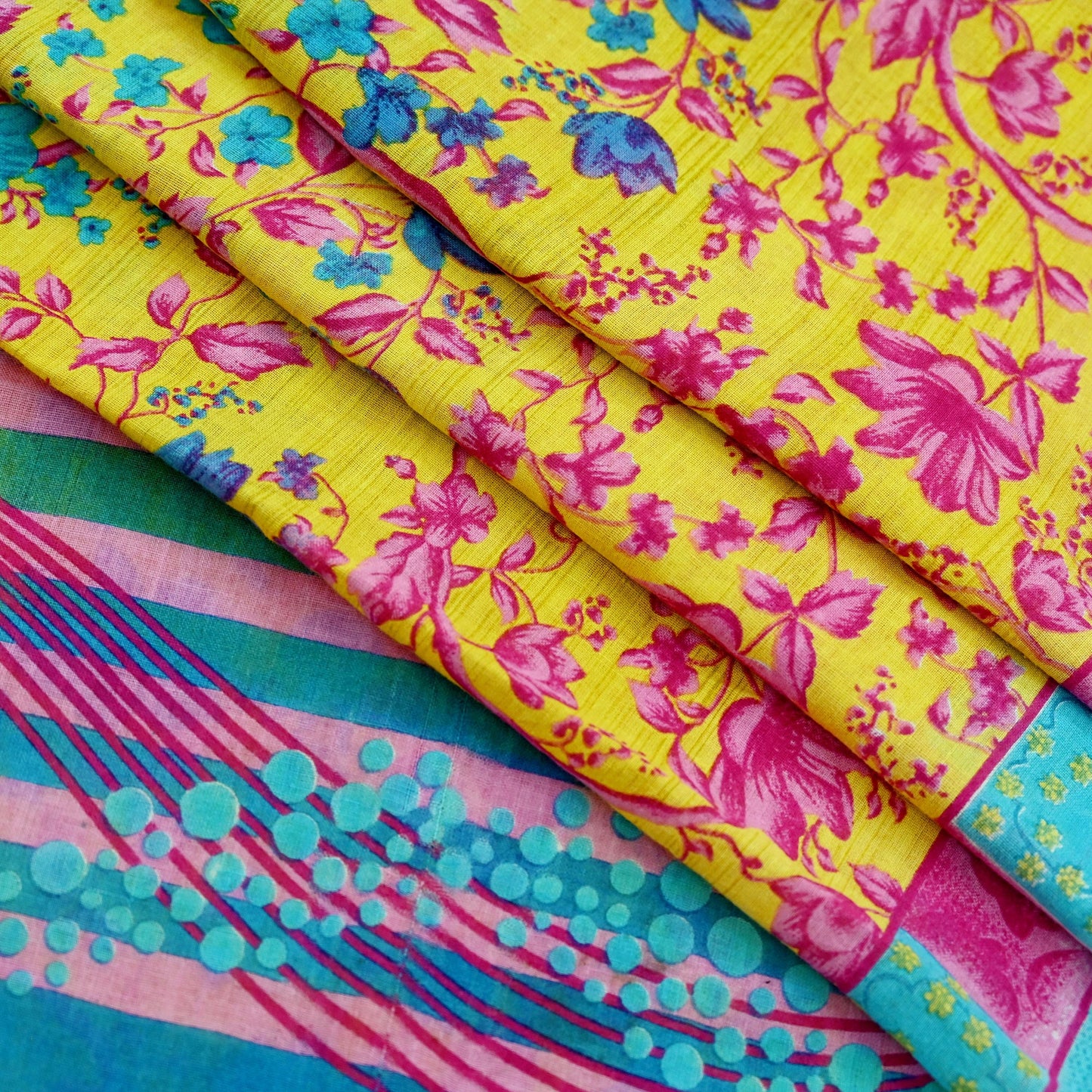 Indian Vintage Sari Blue & Yellow Printed 100% Pure Cotton Saree Craft Fabric 5Yd Soft Sewing Sarong Wrap Boho