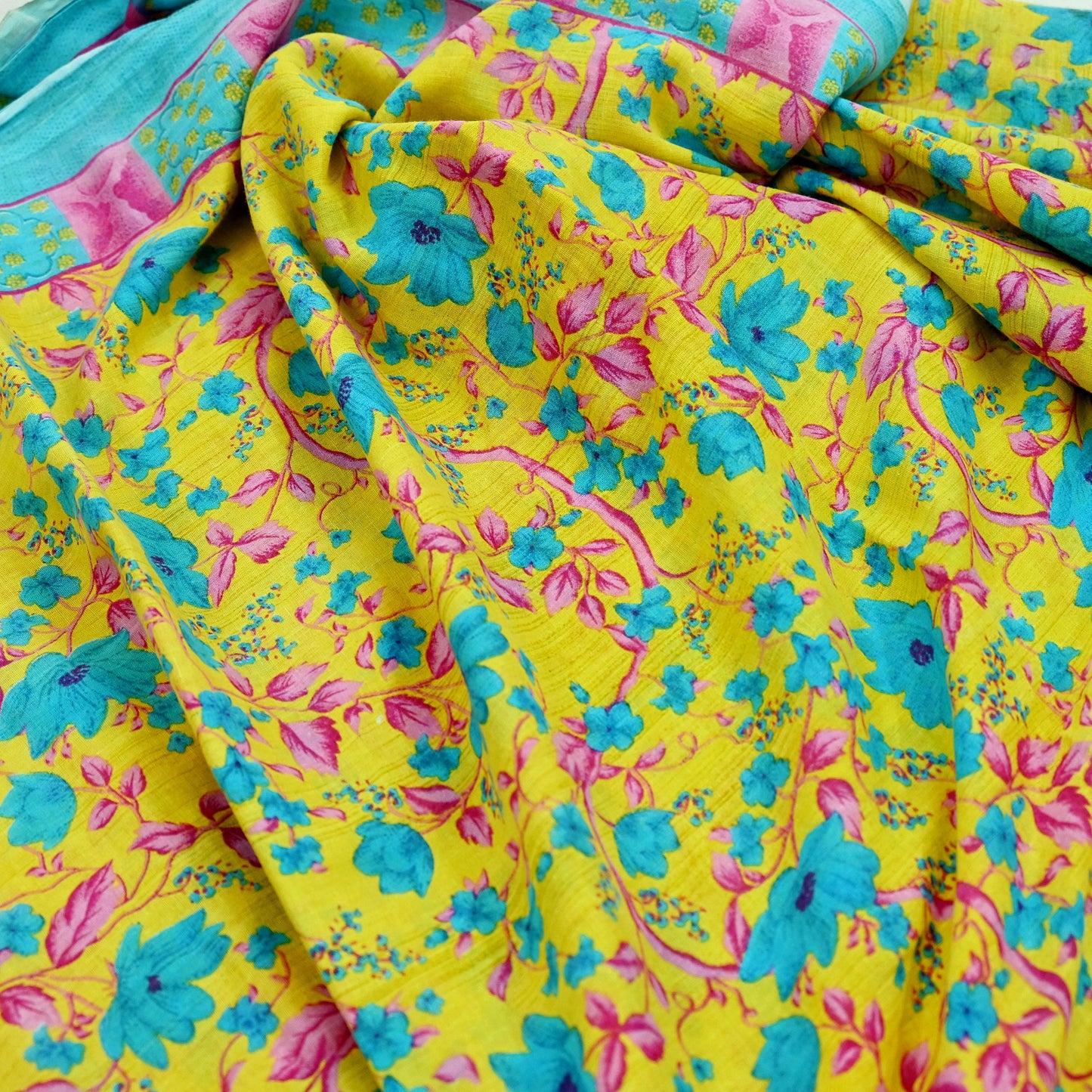 Indian Vintage Sari Blue & Yellow Printed 100% Pure Cotton Saree Craft Fabric 5Yd Soft Sewing Sarong Wrap Boho