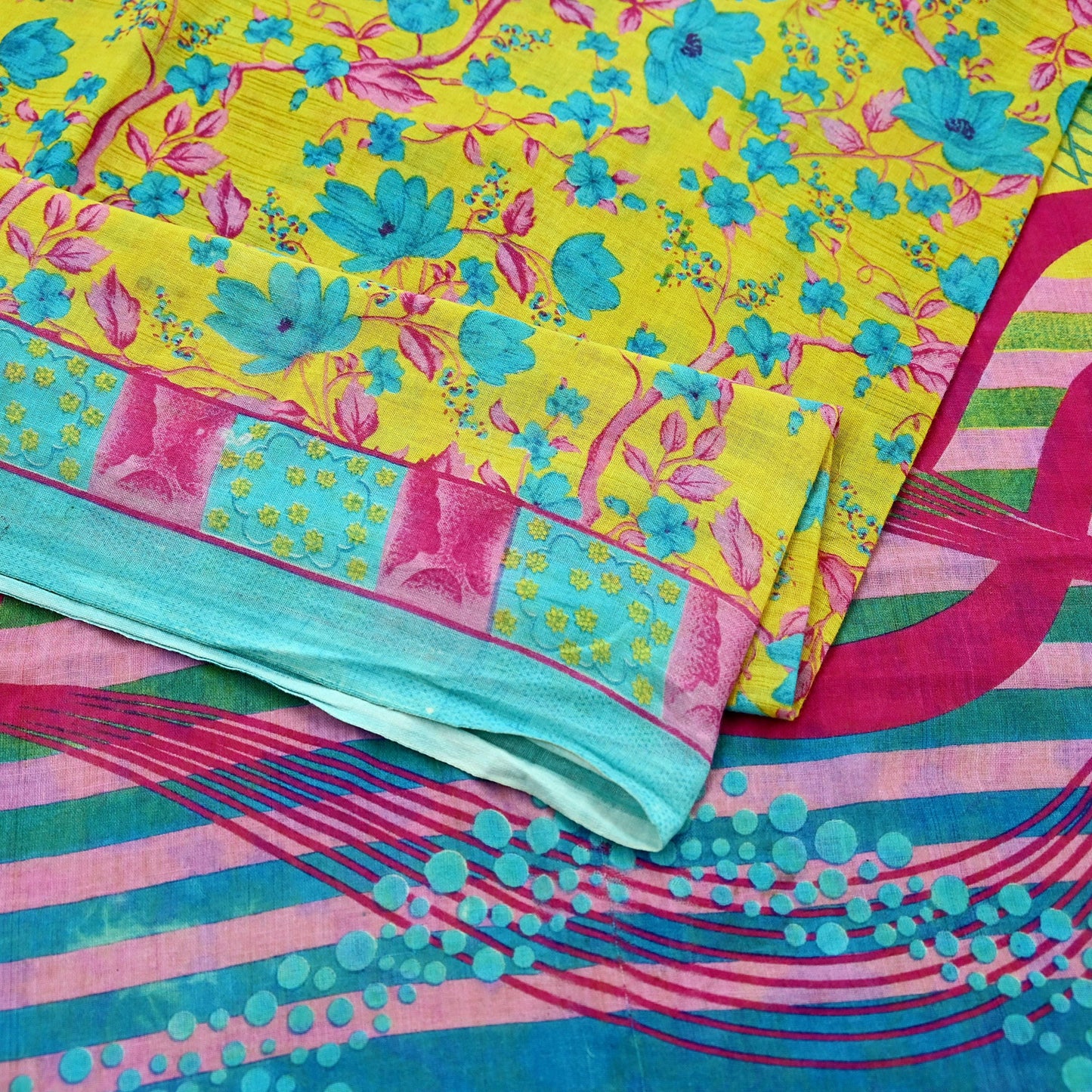 Indian Vintage Sari Blue & Yellow Printed 100% Pure Cotton Saree Craft Fabric 5Yd Soft Sewing Sarong Wrap Boho