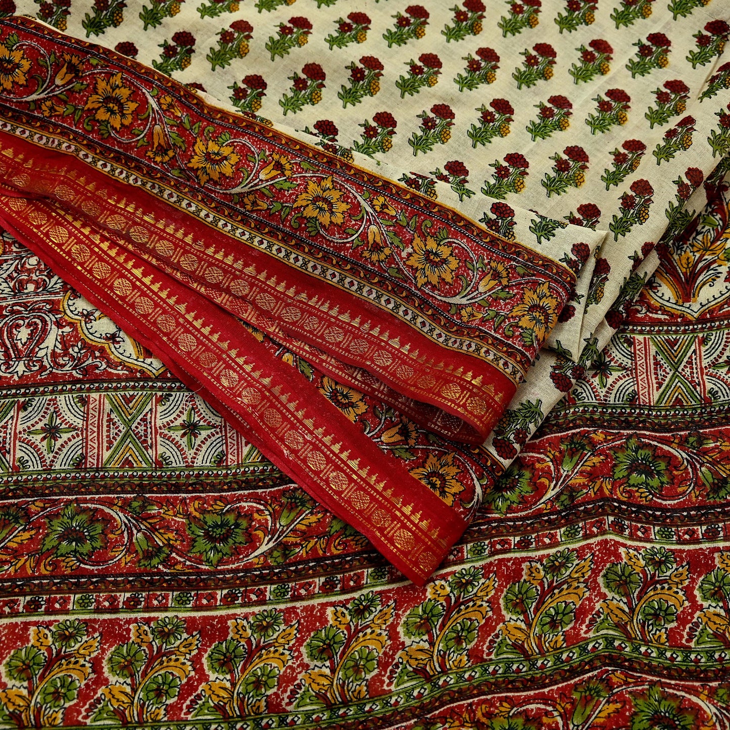 Indian Vintage Sari Ivory & Maroon Printed Pure Cotton Saree Fabric Soft Floral 5Yd Sarong Wrap Boho Fabric Kimono Soft