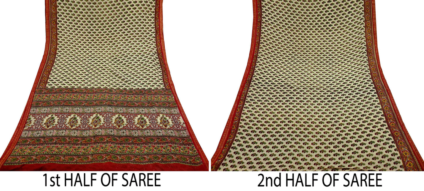 Indian Vintage Sari Ivory & Maroon Printed Pure Cotton Saree Fabric Soft Floral 5Yd Sarong Wrap Boho Fabric Kimono Soft
