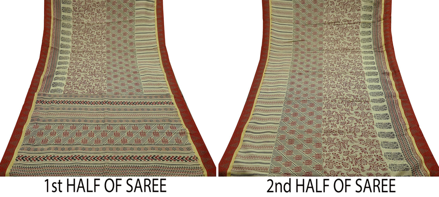Indian Vintage Beige Saree Blend Cotton Printed Sari Craft Fabric 6Yd Soft Sewing Sarong Wrap Floral Floral Dress Making Crafting Quilting