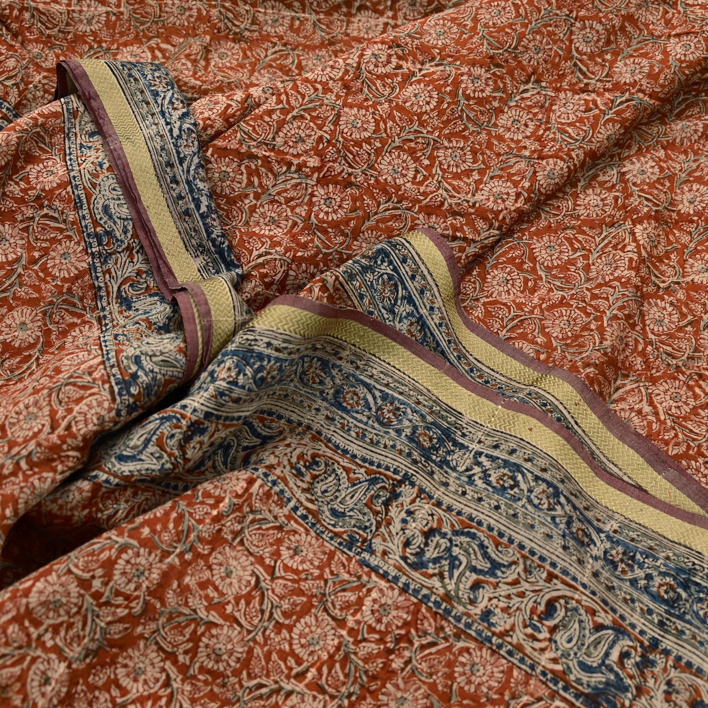 Indian Vintage Sari Orange & Blue Pure chanderi Silk Block Printed Saree Craft Fabric 6Yd Soft Zari Border Dress making bollywood silk saree