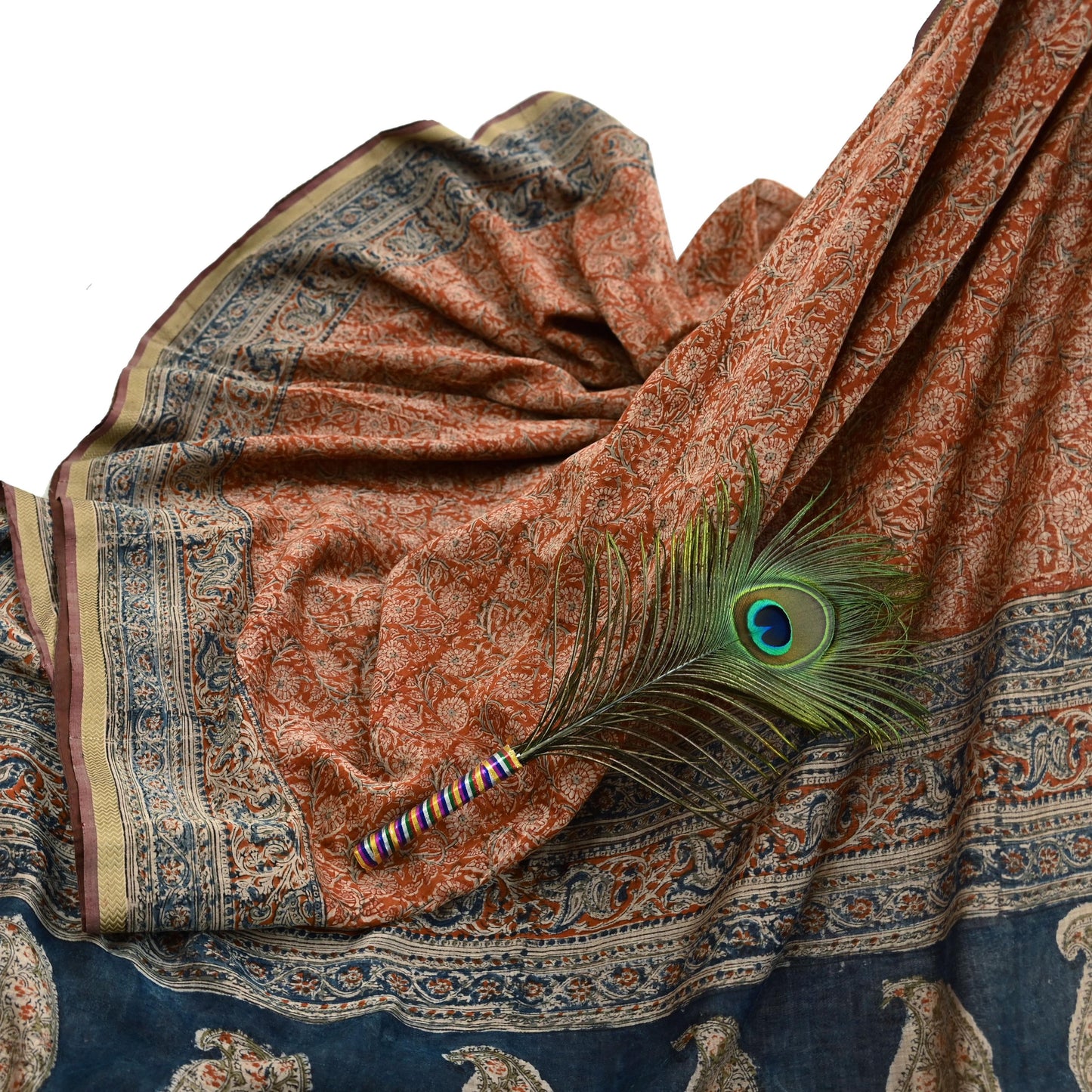 Indian Vintage Sari Orange & Blue Pure chanderi Silk Block Printed Saree Craft Fabric 6Yd Soft Zari Border Dress making bollywood silk saree
