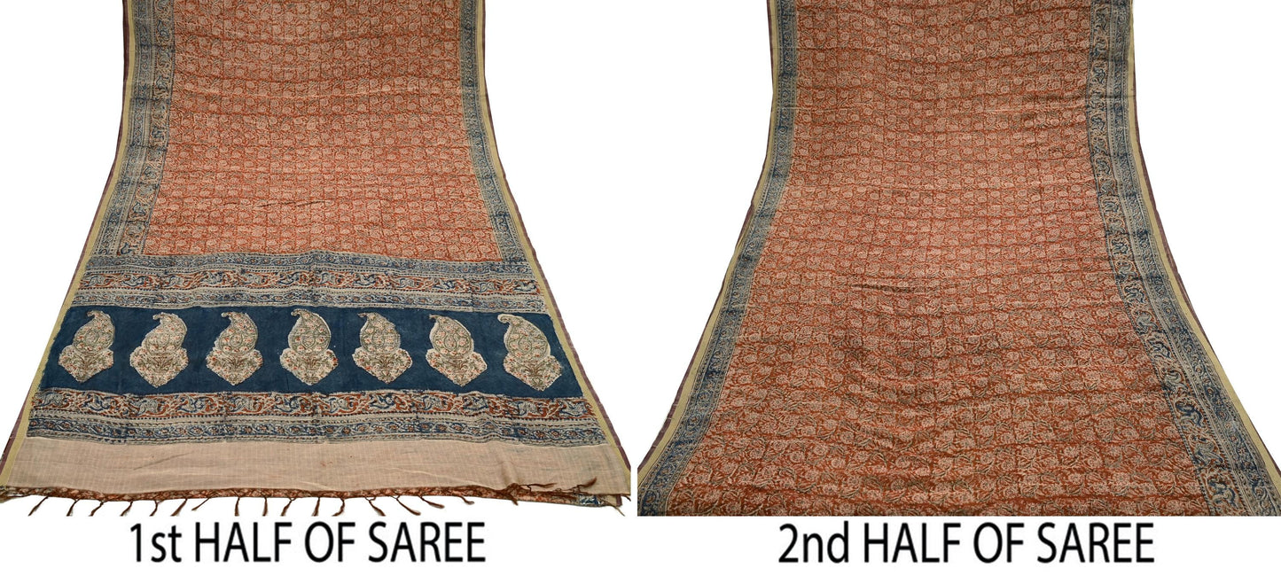 Indian Vintage Sari Orange & Blue Pure chanderi Silk Block Printed Saree Craft Fabric 6Yd Soft Zari Border Dress making bollywood silk saree