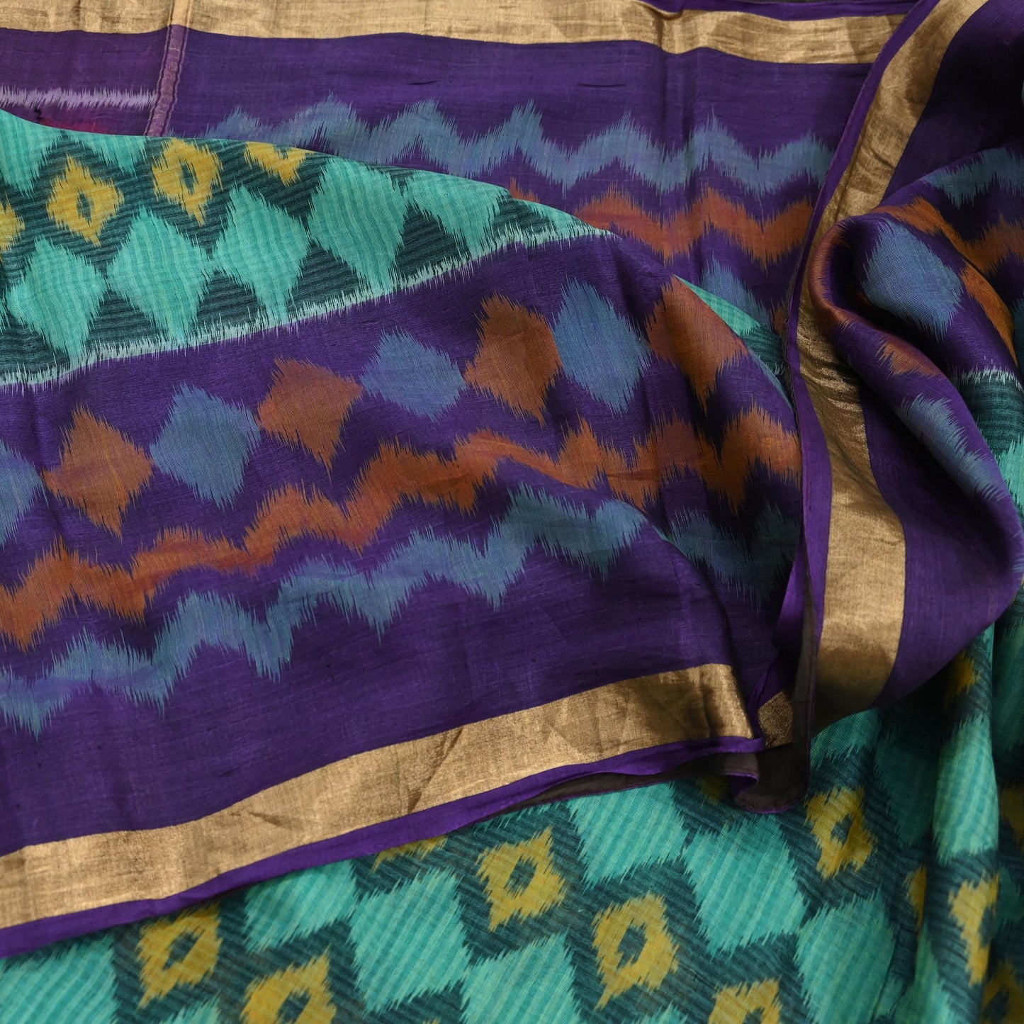 Indian Vintage Green & Purple Saree Pure Silk Pochampally Hand Woven Ikat Sari Craft Fabric 5Yd Ethnic Zari Border Dress making Fringes