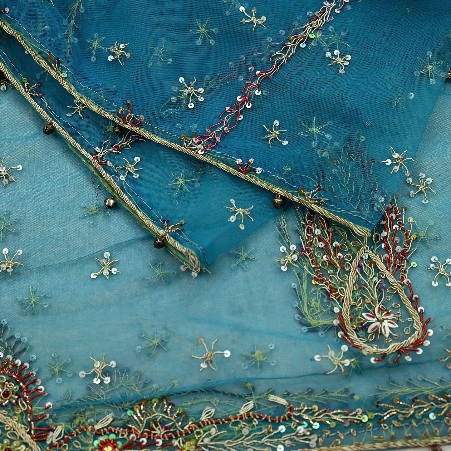 Indian Vintage Blue Dupatta Net Mesh Long Stole Hand Embroidered Scarves Golden Zardozi Zari Sequins Stole