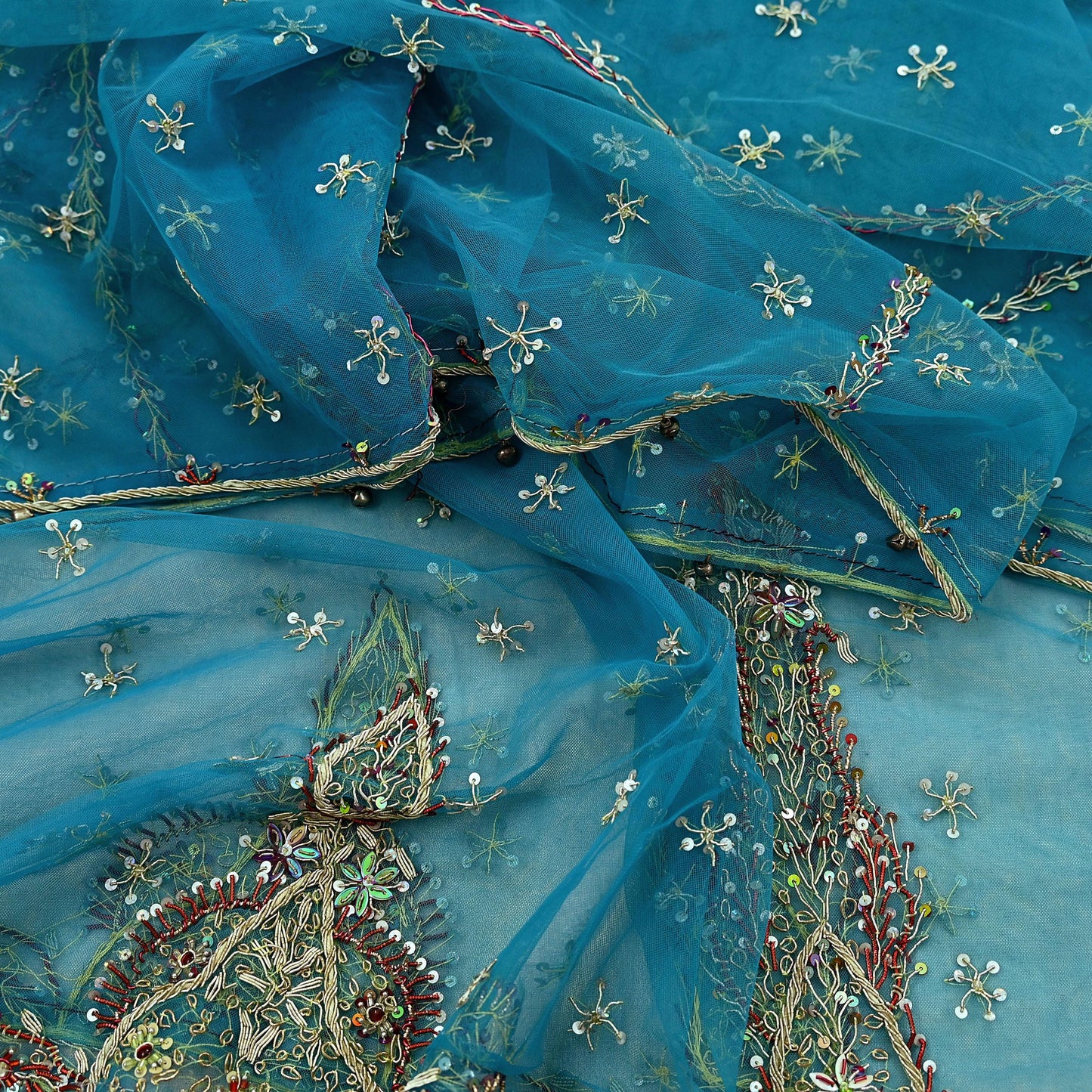 Indian Vintage Blue Dupatta Net Mesh Long Stole Hand Embroidered Scarves Golden Zardozi Zari Sequins Stole