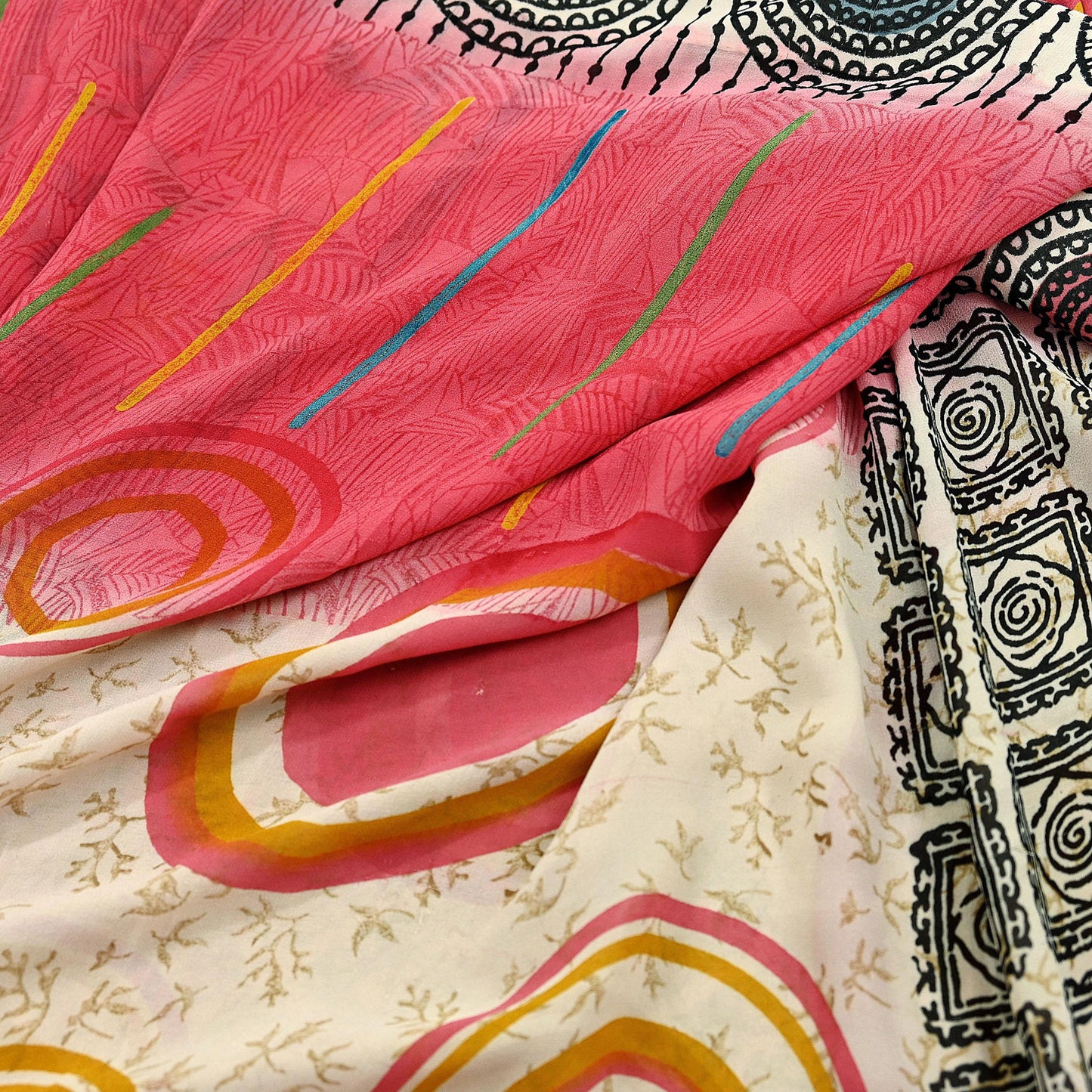 Indian Vintage Sari Ivory & Pink Pure Georgette Silk Printed Saree Craft Fabric Sewing 5Yd Soft Light Dress Making Crafting Quilting Upcycle