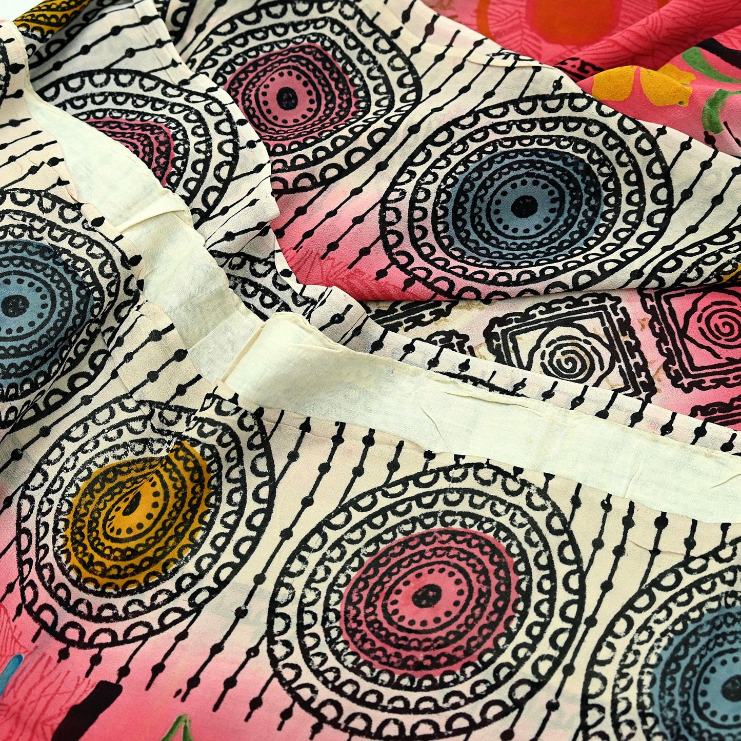 Indian Vintage Sari Ivory & Pink Pure Georgette Silk Printed Saree Craft Fabric Sewing 5Yd Soft Light Dress Making Crafting Quilting Upcycle