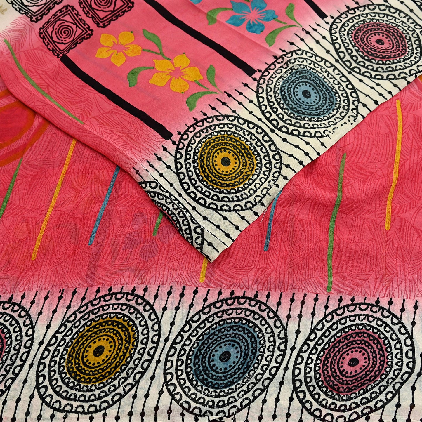 Indian Vintage Sari Ivory & Pink Pure Georgette Silk Printed Saree Craft Fabric Sewing 5Yd Soft Light Dress Making Crafting Quilting Upcycle