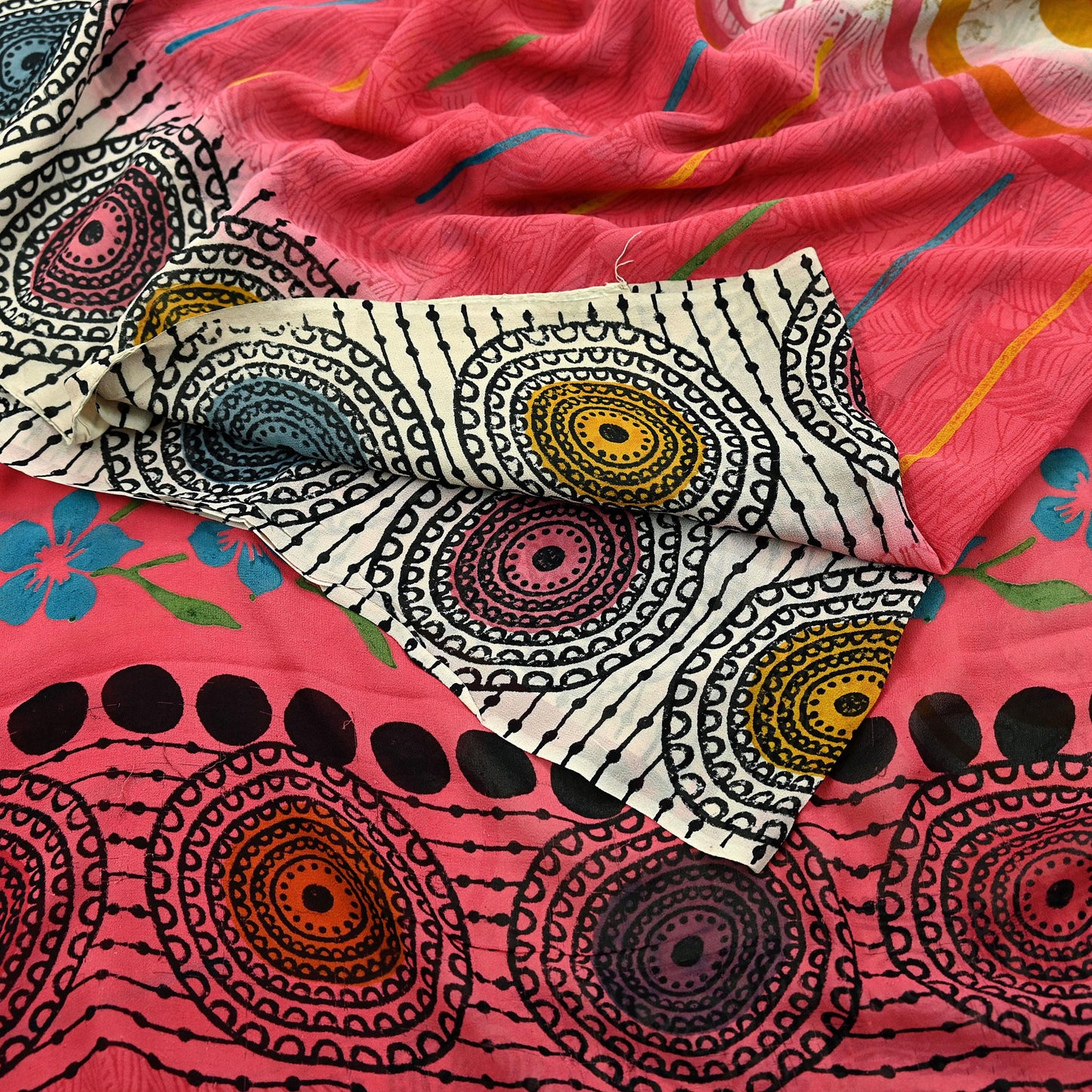 Indian Vintage Sari Ivory & Pink Pure Georgette Silk Printed Saree Craft Fabric Sewing 5Yd Soft Light Dress Making Crafting Quilting Upcycle