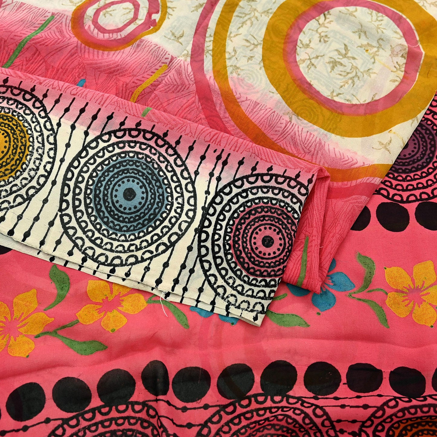 Indian Vintage Sari Ivory & Pink Pure Georgette Silk Printed Saree Craft Fabric Sewing 5Yd Soft Light Dress Making Crafting Quilting Upcycle